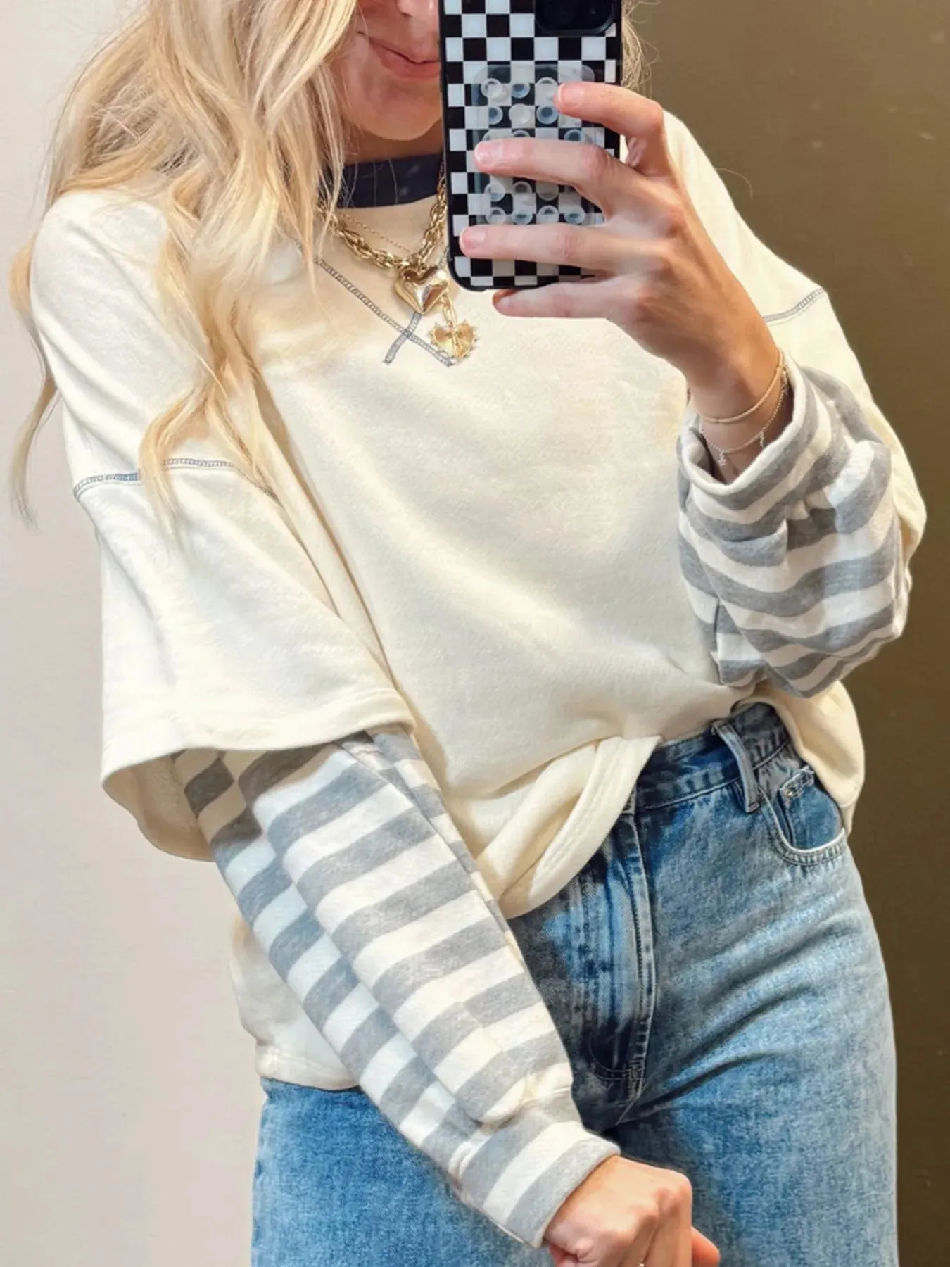 Striped Patchwork Long Sleeve Round Neck Two-in-one Top sold by Charming Charlie product image thumbnail 3