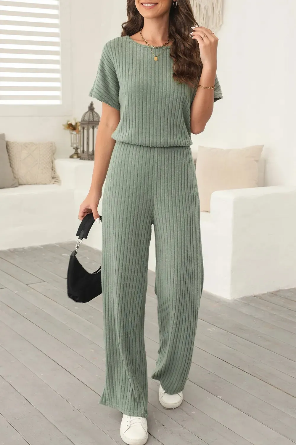 Ribbed Short Sleeve Wide Leg Jumpsuit sold by Charming Charlie