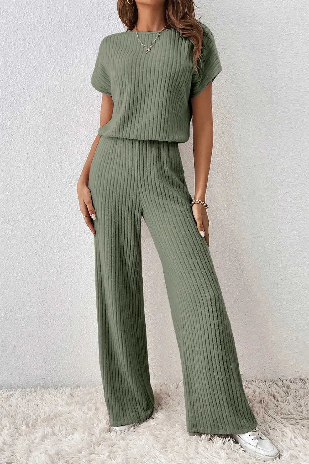Ribbed Short Sleeve Wide Leg Jumpsuit sold by Charming Charlie product image thumbnail 4