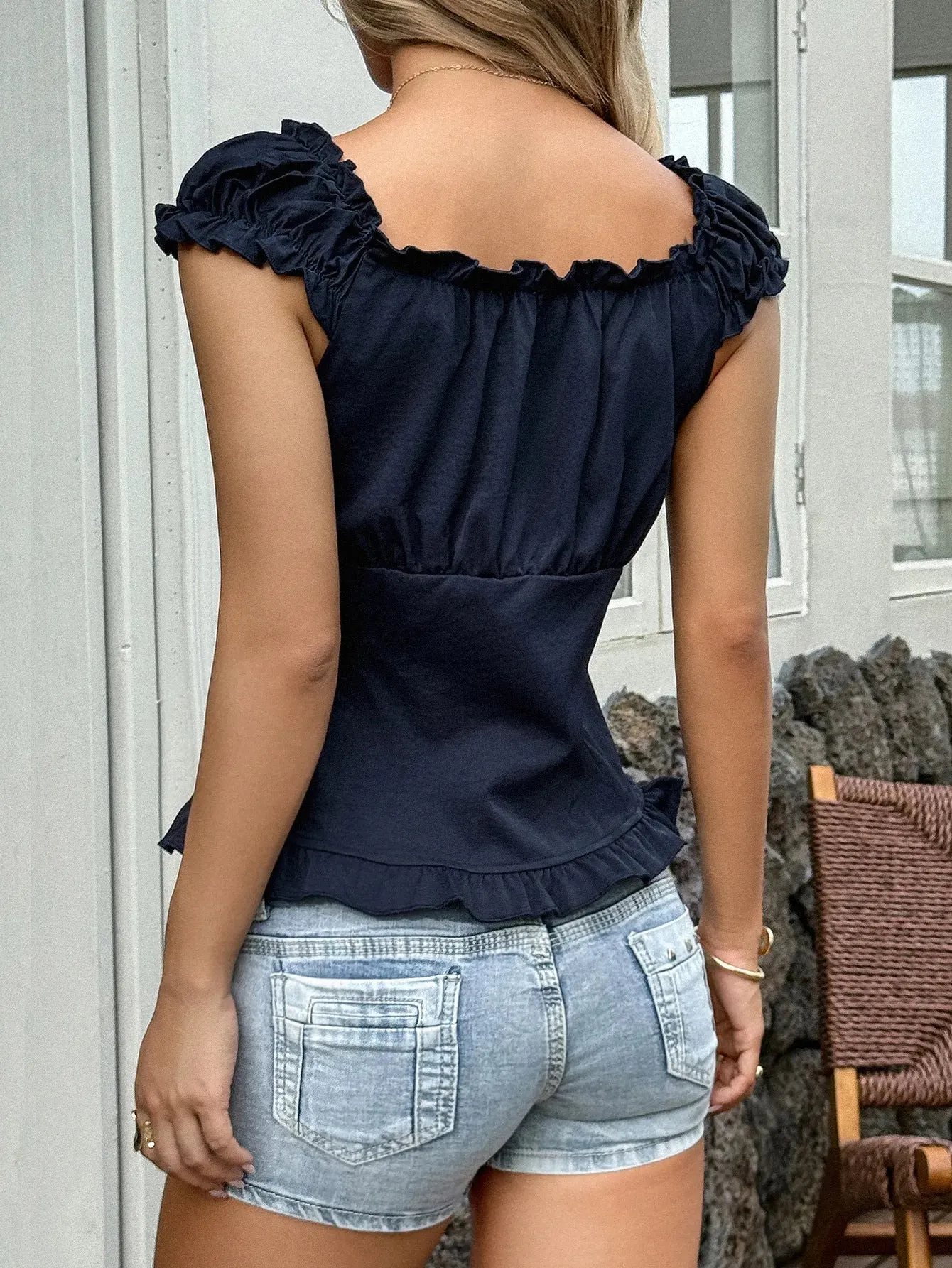 Ruffle Trim Button-Up Cap Sleeve Shirt sold by Charming Charlie product image thumbnail 3