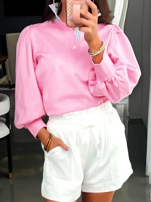 Striped Collar Patchwork Puff Sleeve Sweatshirt sold by Charming Charlie