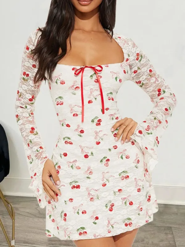 Lace Cherry Print Long Sleeve Mini Dress sold by Charming Charlie