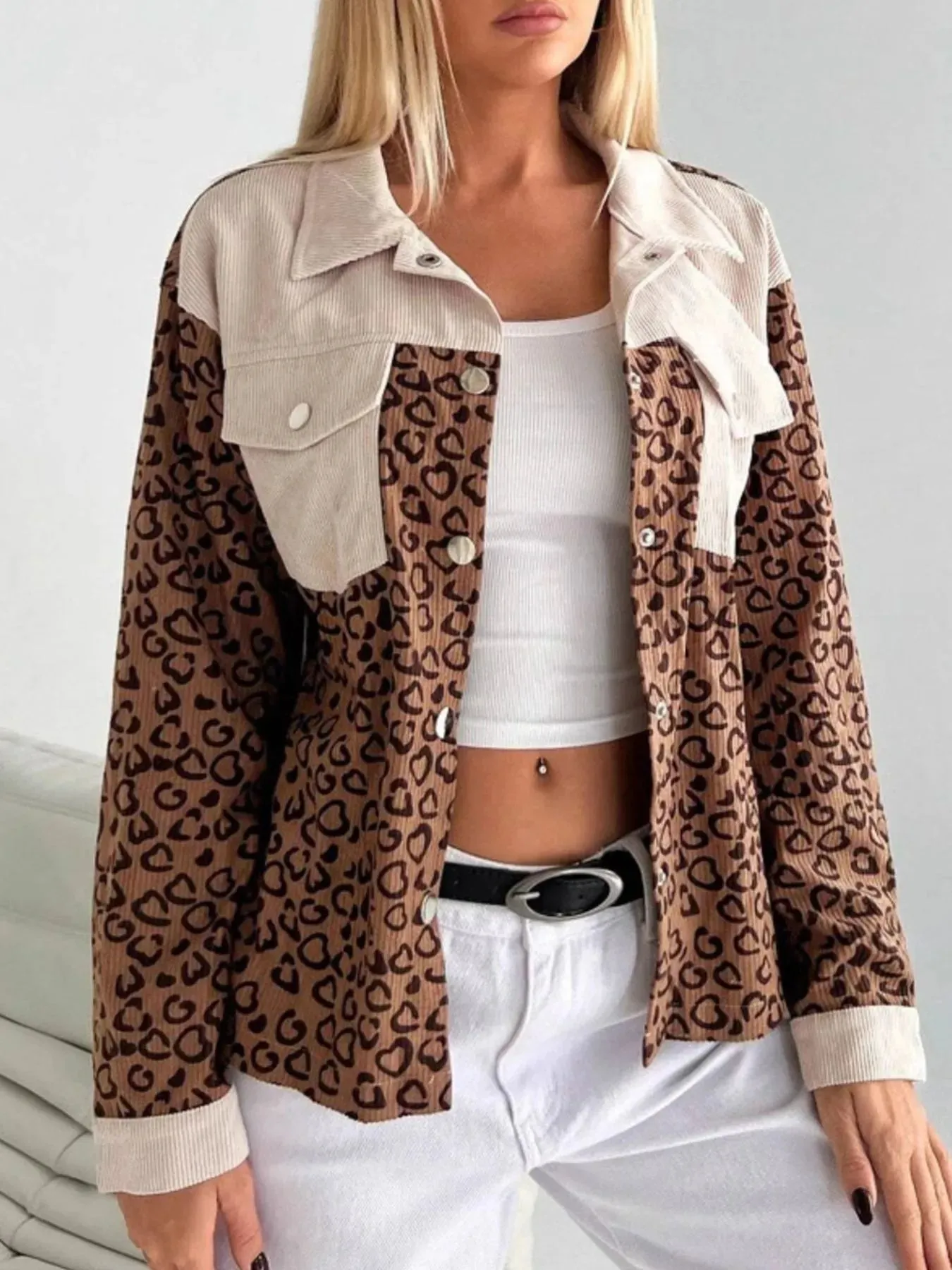 Leopard Long Sleeve Jacket with Chest Pockets sold by Charming Charlie