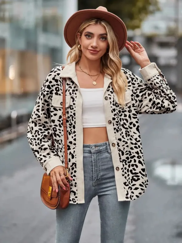 Leopard Print Button-Up Contrast Shacket sold by Charming Charlie