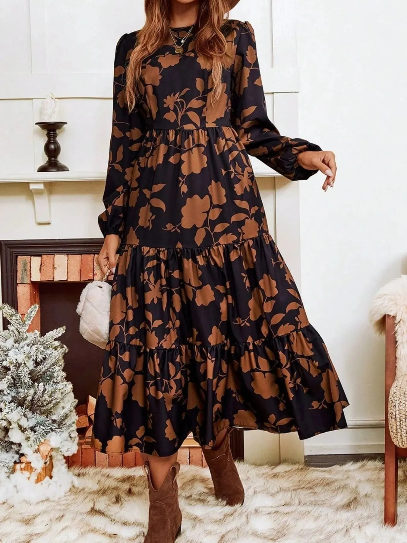 Floral Tiered Midi Dress with Long Sleeves sold by Charming Charlie