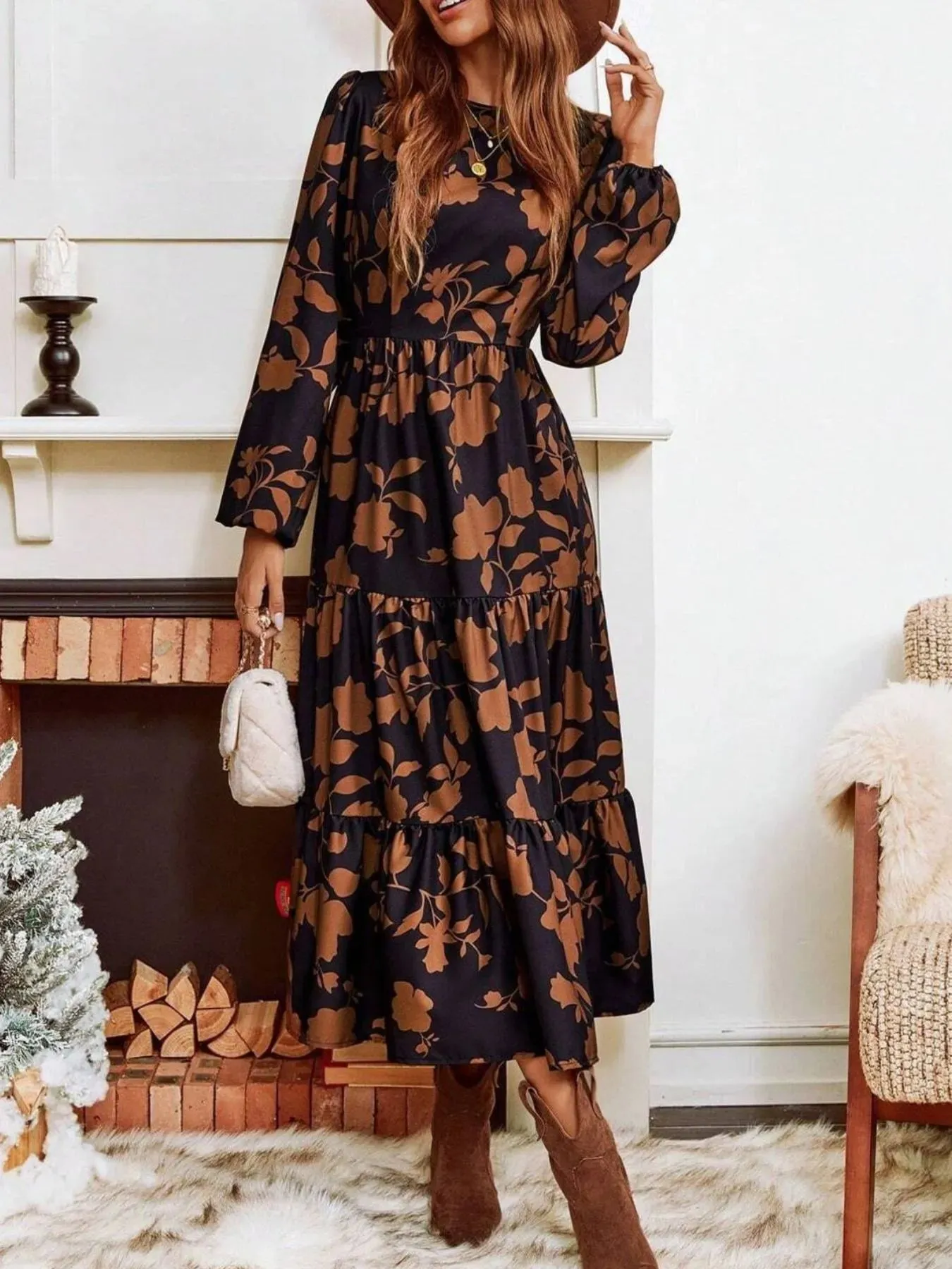 Floral Tiered Midi Dress with Long Sleeves sold by Charming Charlie product image thumbnail 3