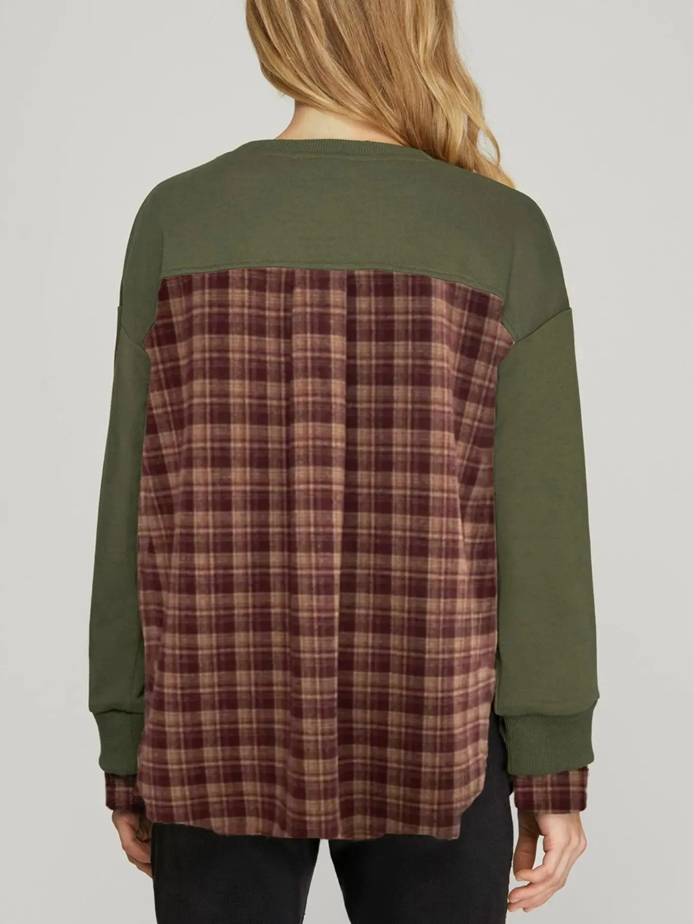 Plaid Patchwork Drop Shoulder Sweatshirt sold by Charming Charlie product image thumbnail 2