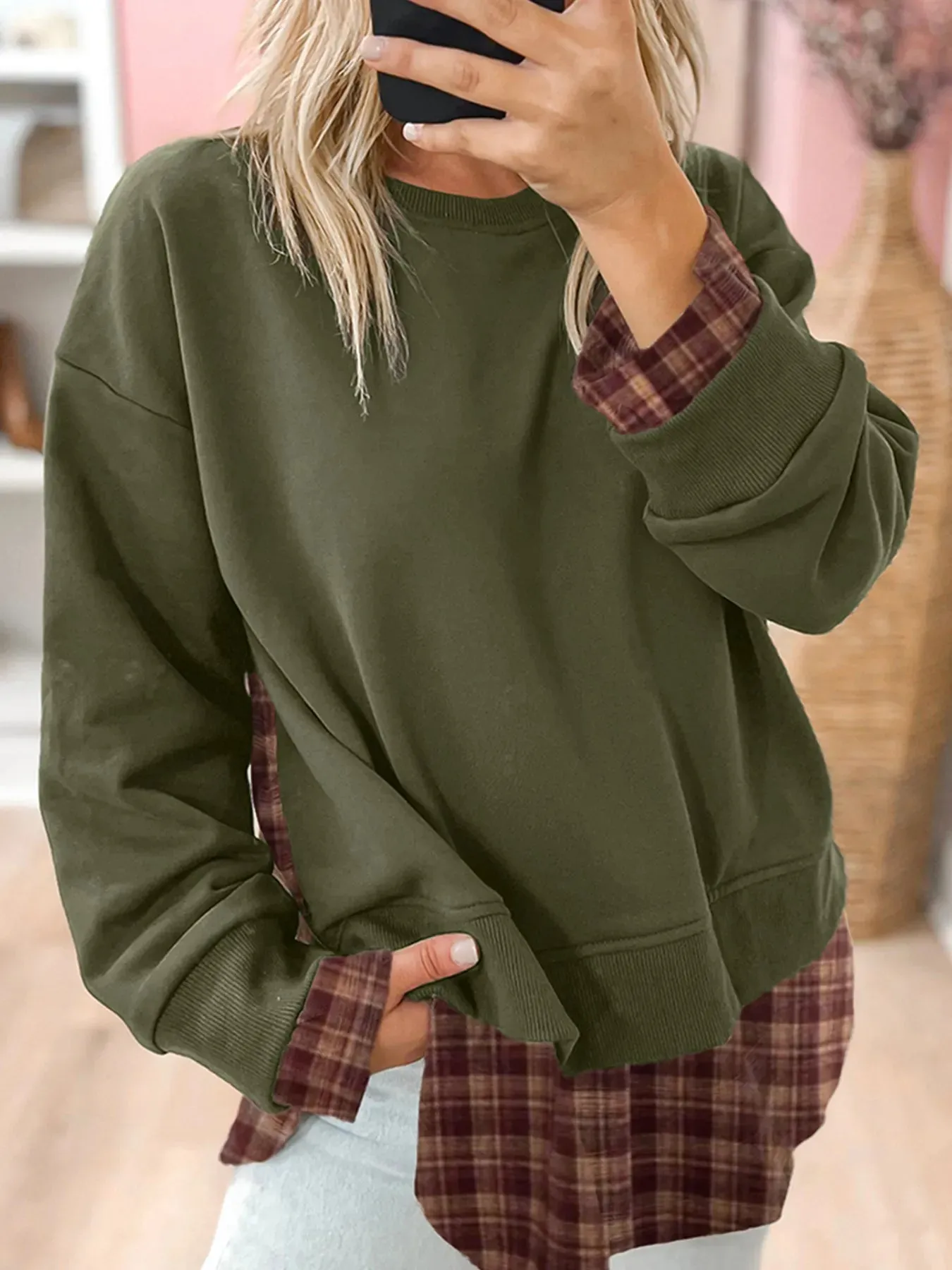 Plaid Patchwork Drop Shoulder Sweatshirt sold by Charming Charlie product image thumbnail 3