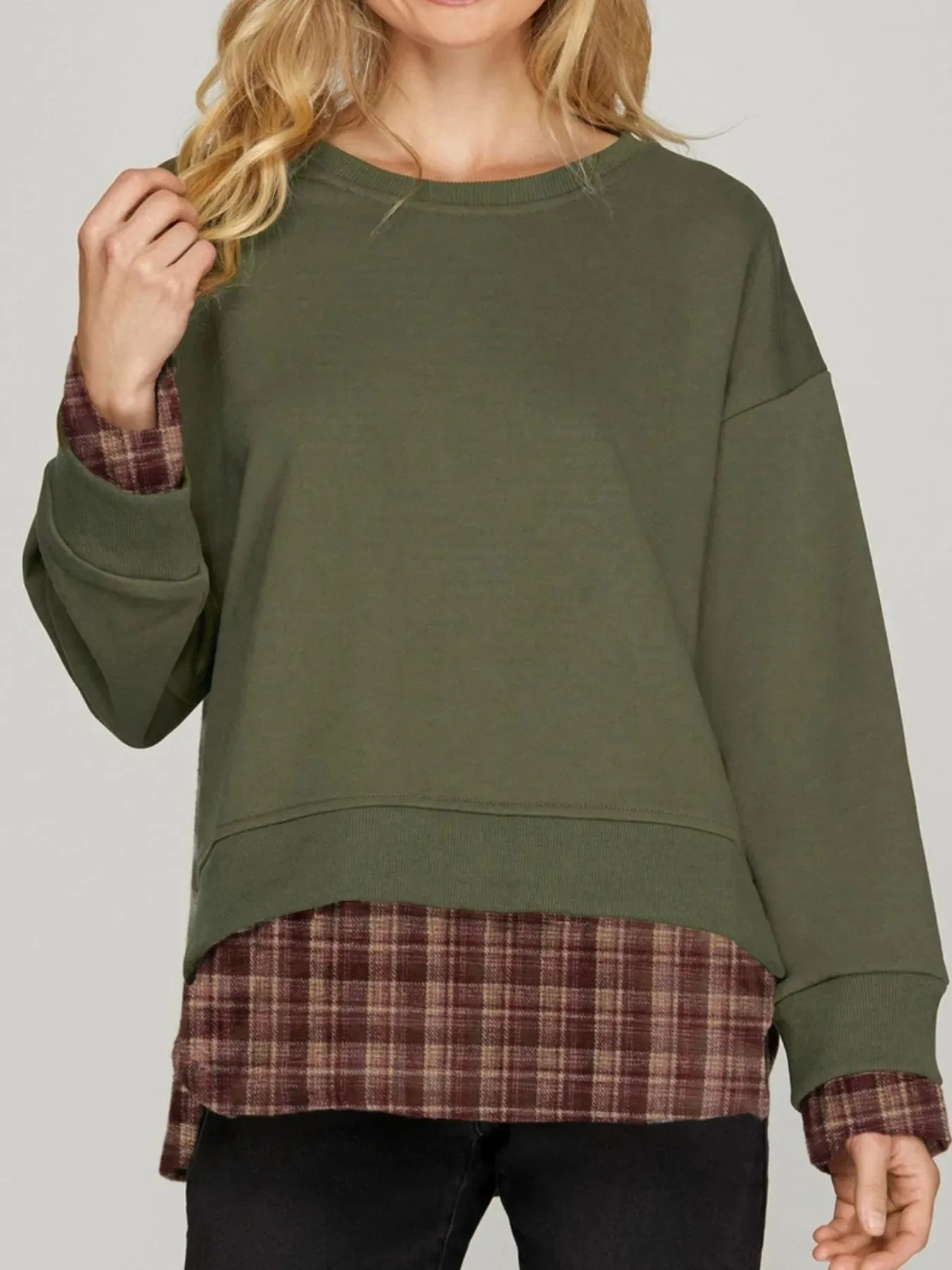 Plaid Patchwork Drop Shoulder Sweatshirt sold by Charming Charlie