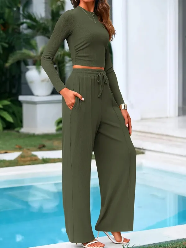 Round Neck Long Sleeve Top and Pants Set sold by Charming Charlie