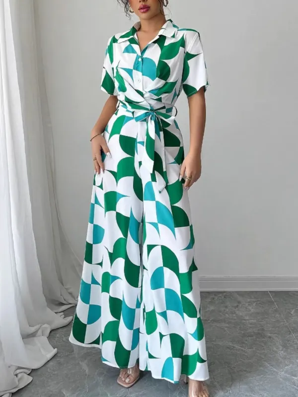 Printed Wide Leg Belted Jumpsuit sold by Charming Charlie