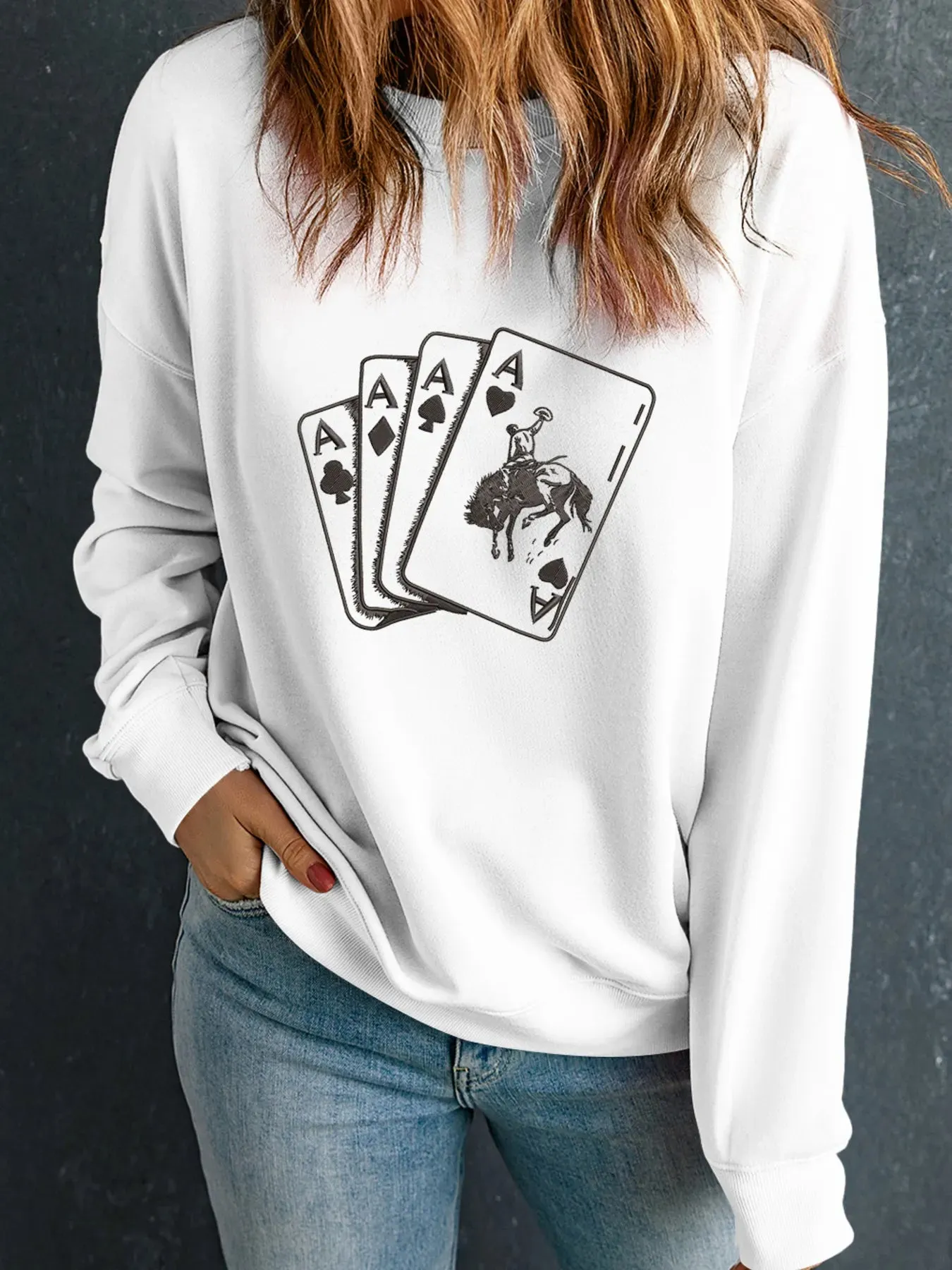 Ace Card Cowboy Graphic Long Sleeve Sweatshirt sold by Charming Charlie