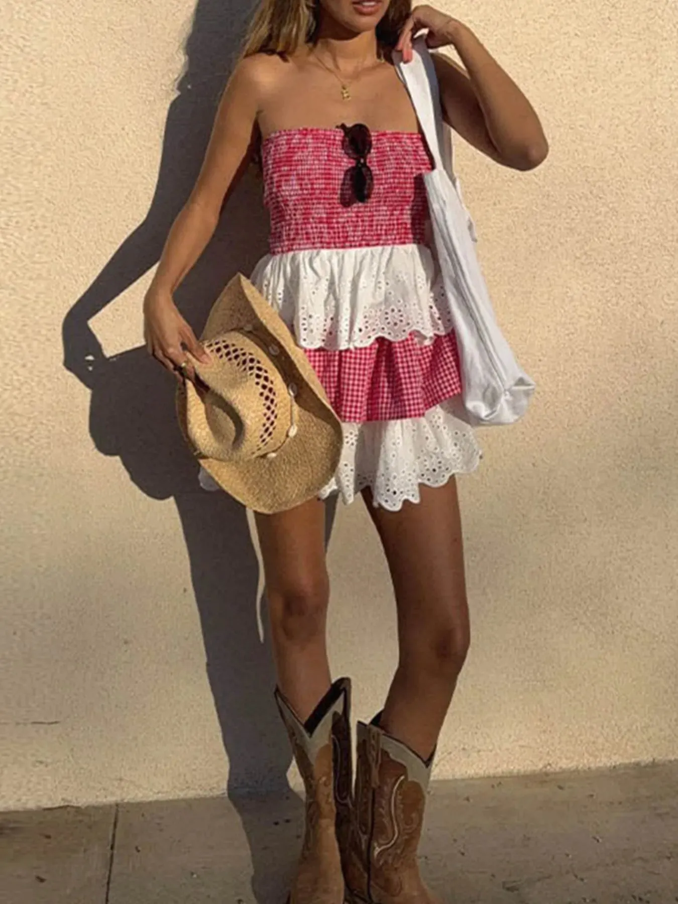 Eyelet Gingham Ruffle Layered Tube Dress sold by Charming Charlie product image thumbnail 3