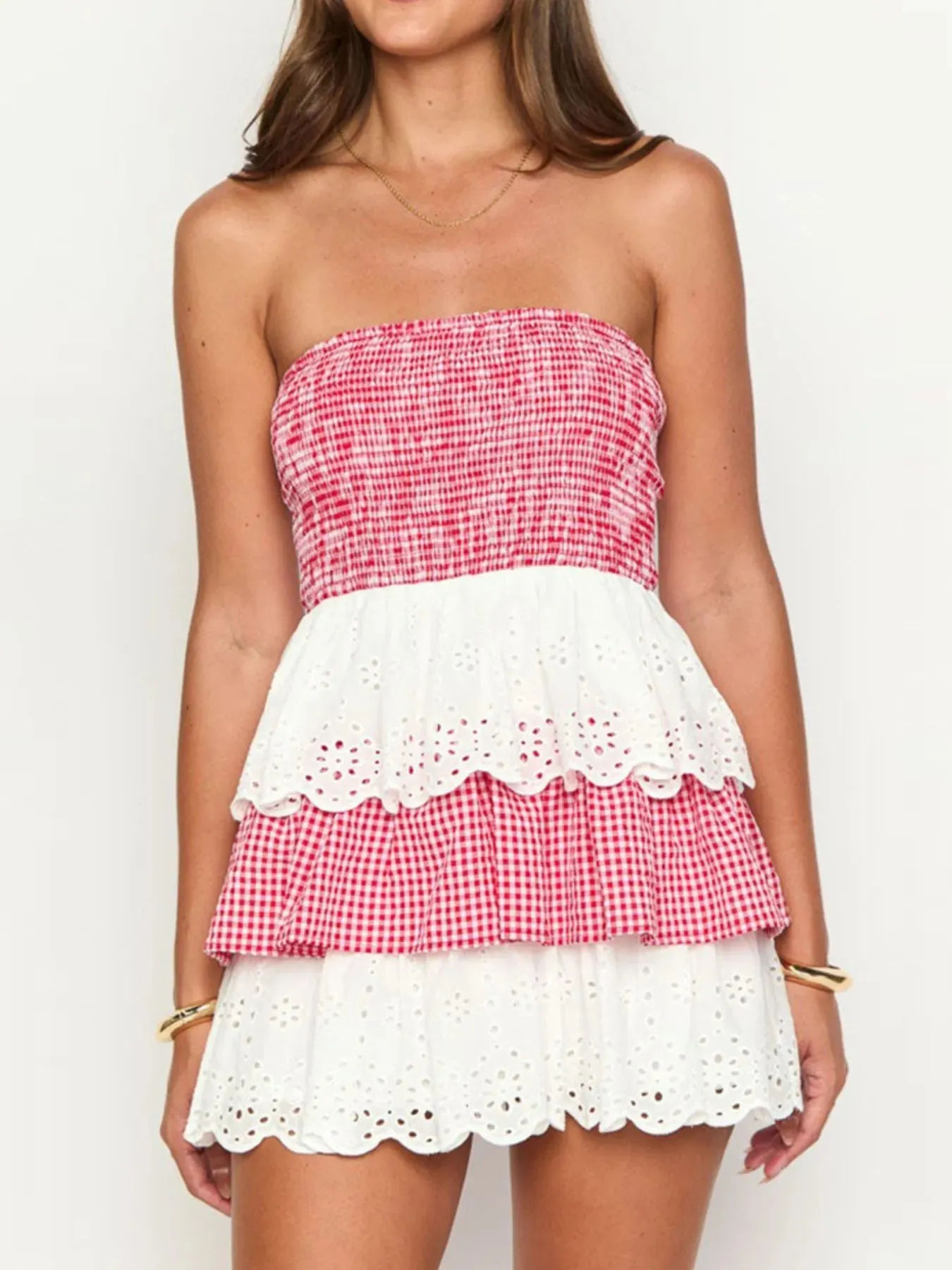 Eyelet Gingham Ruffle Layered Tube Dress sold by Charming Charlie product image thumbnail 4