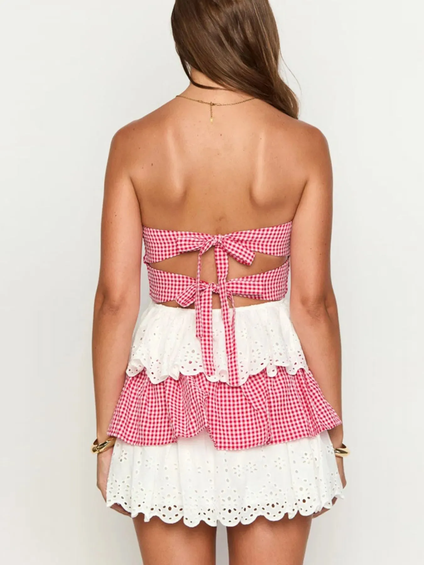 Eyelet Gingham Ruffle Layered Tube Dress sold by Charming Charlie product image thumbnail 5