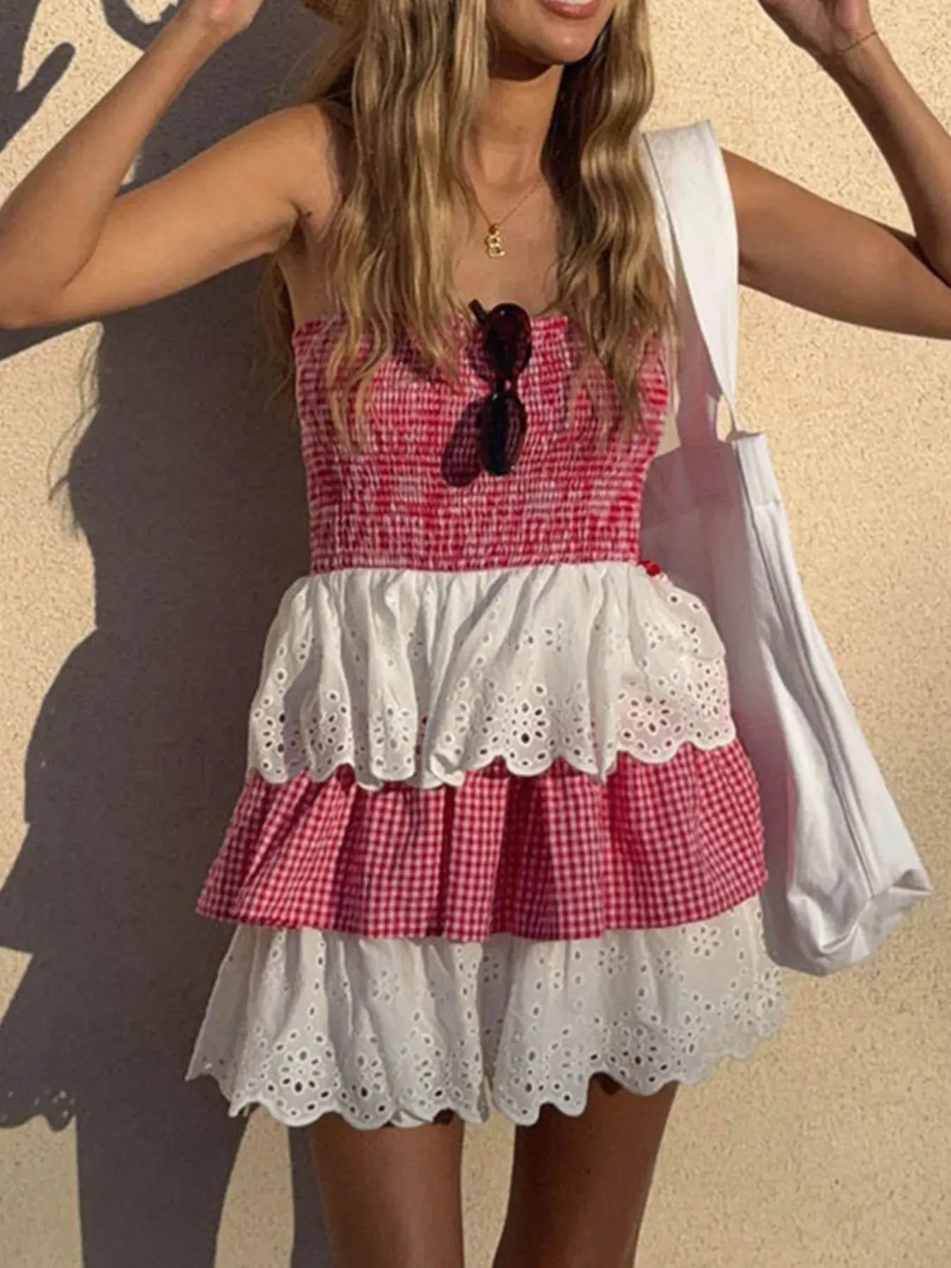 Eyelet Gingham Ruffle Layered Tube Dress sold by Charming Charlie