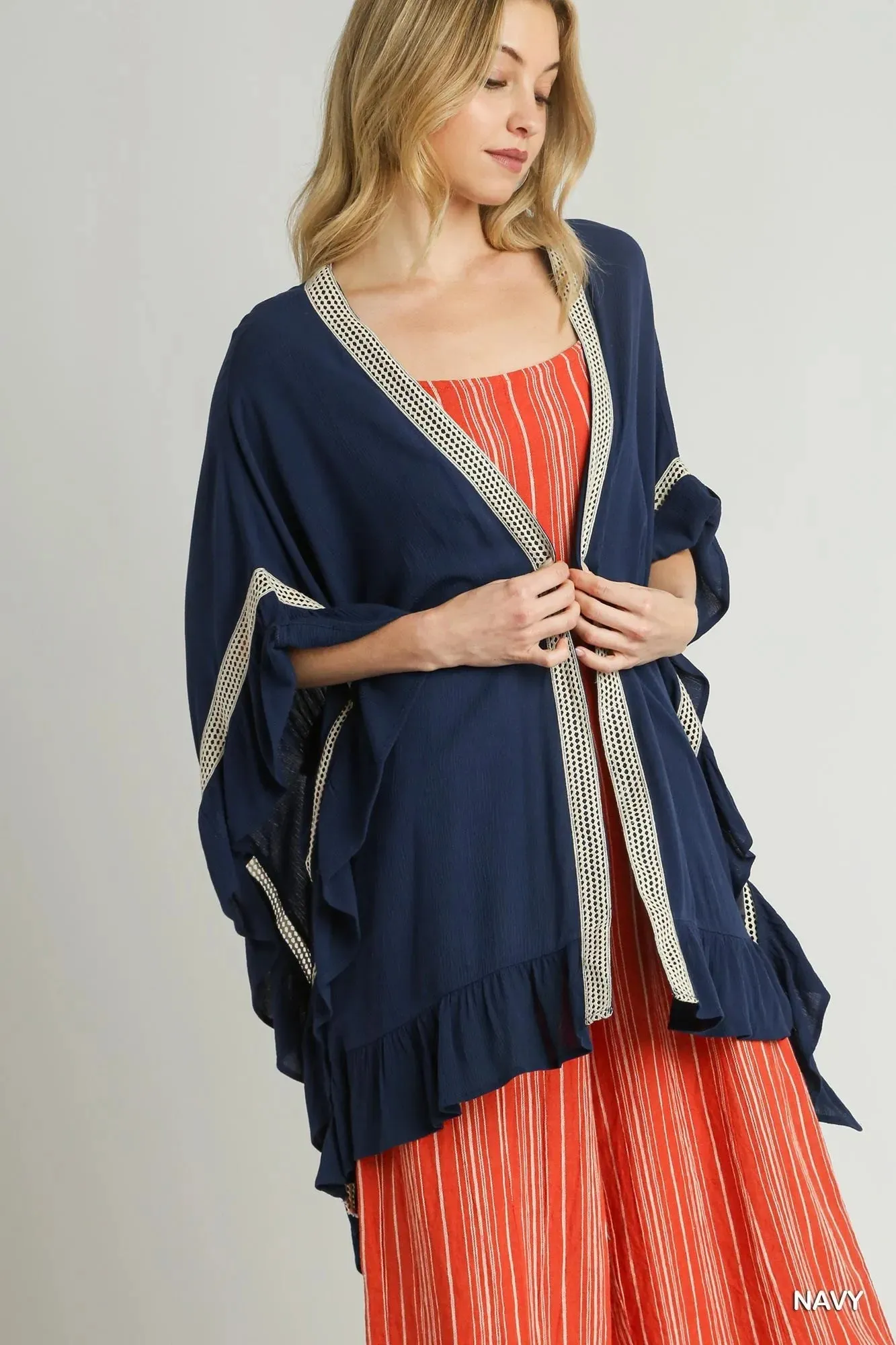 Umgee Ruffle Trim Kimono with Crochet Accent sold by Charming Charlie