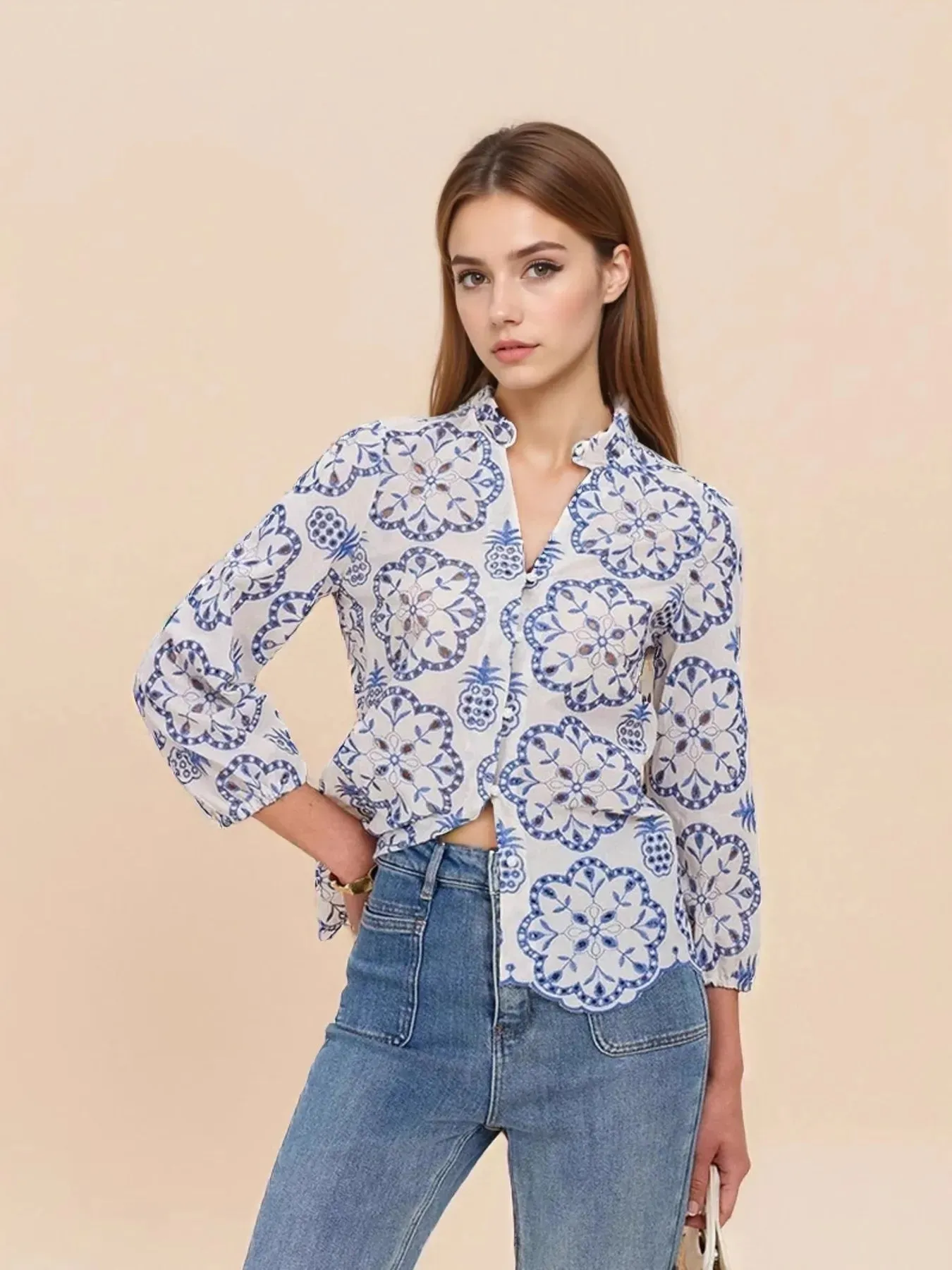 Eyelet Embroidered Long Sleeve Shirt sold by Charming Charlie