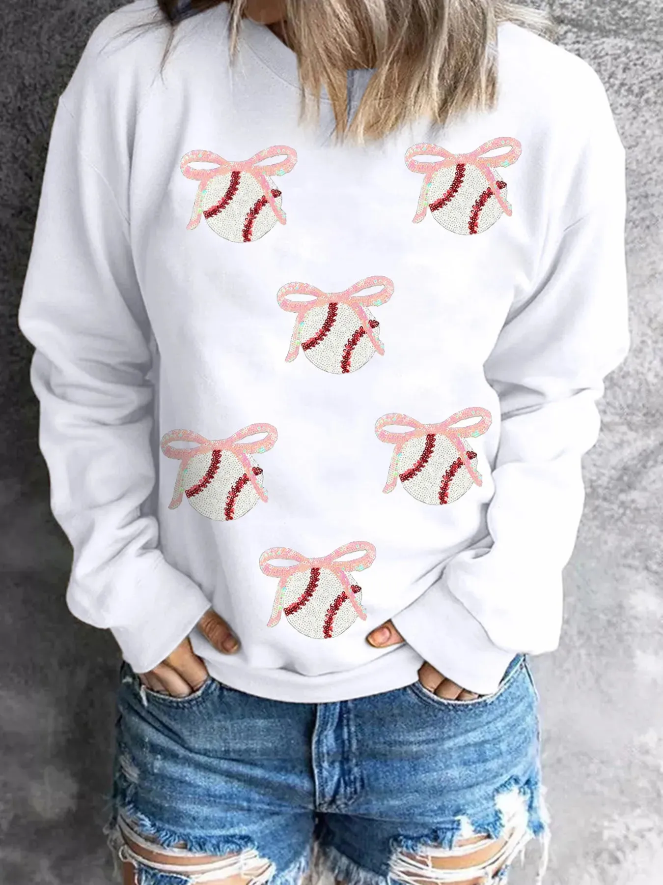 Sequin Bow Baseball Patched Casual Sweatshirt sold by Charming Charlie product image thumbnail 5