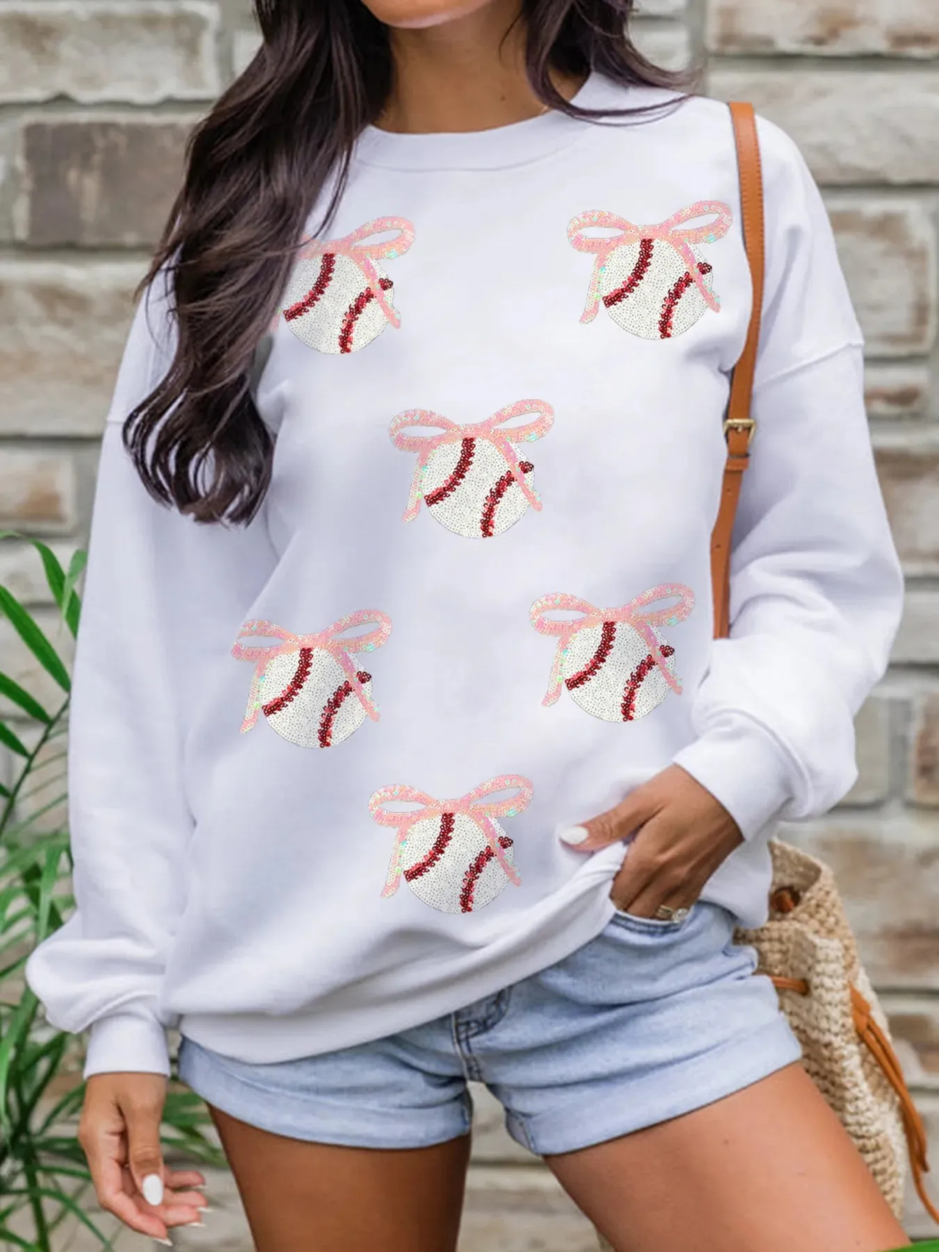 Sequin Bow Baseball Patched Casual Sweatshirt sold by Charming Charlie product image thumbnail 4