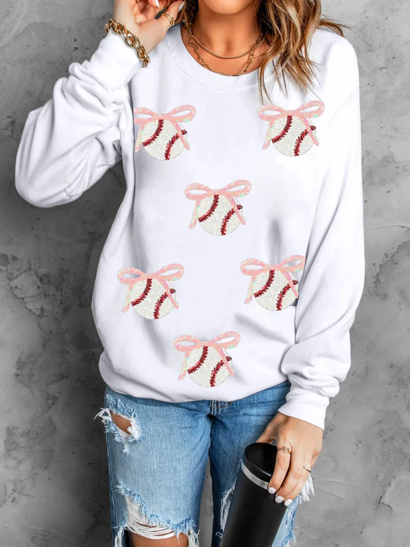 Sequin Bow Baseball Patched Casual Sweatshirt sold by Charming Charlie product image thumbnail 2