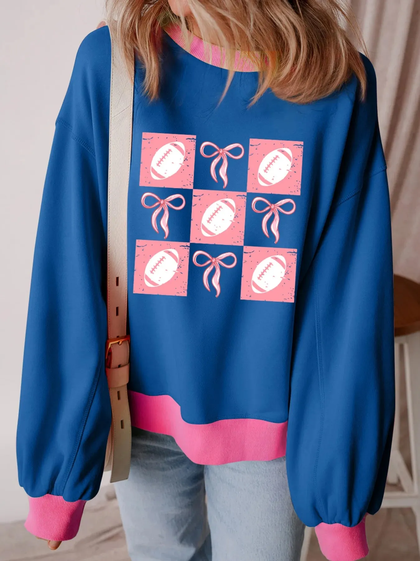 Bowknot Graphic Game Day Contrast Trim Drop Shoulder Casual Sweatshirt sold by Charming Charlie product image thumbnail 3