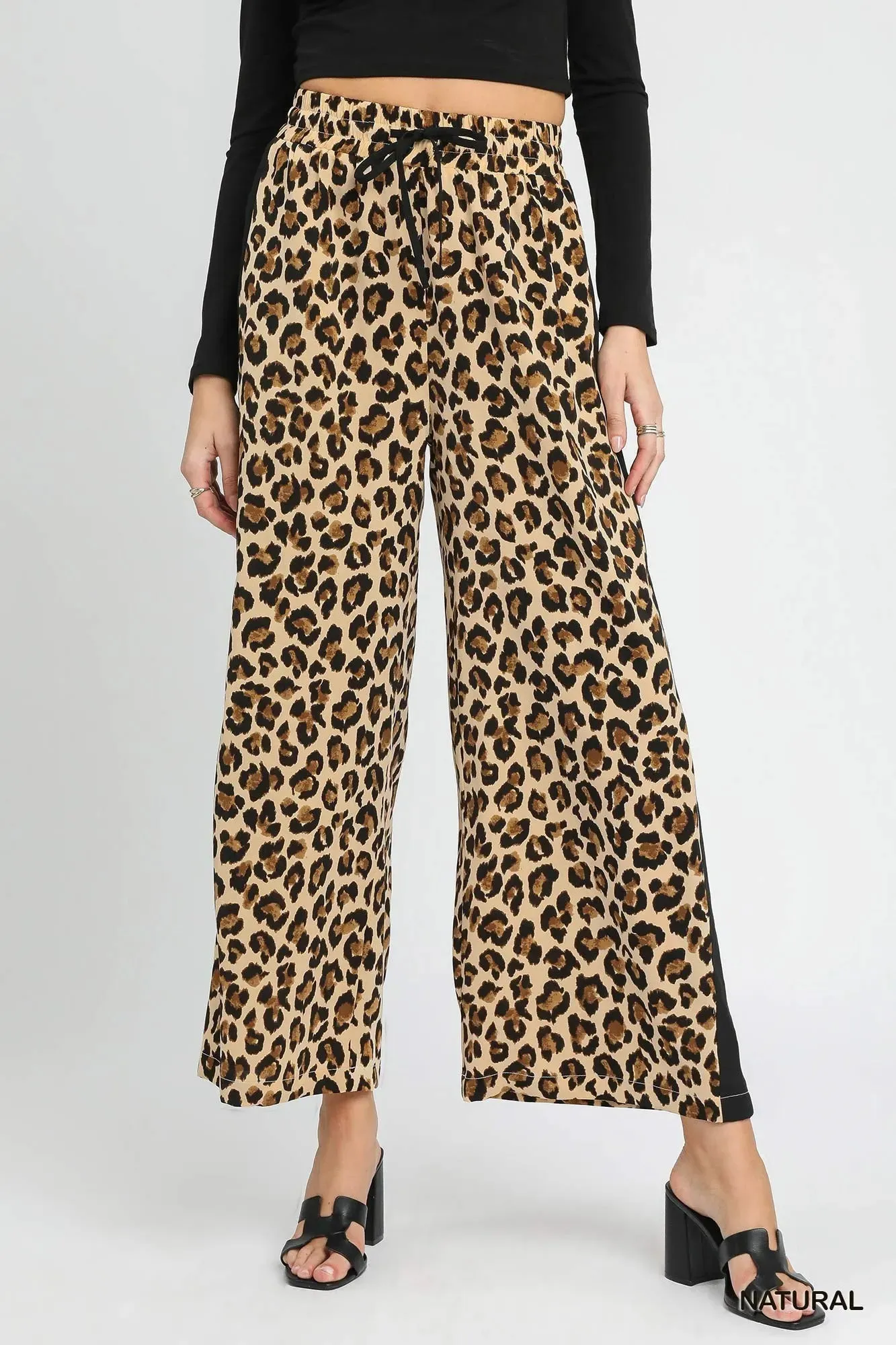 Umgee Leopard Print Wide-Leg Drawstring Pants sold by Charming Charlie