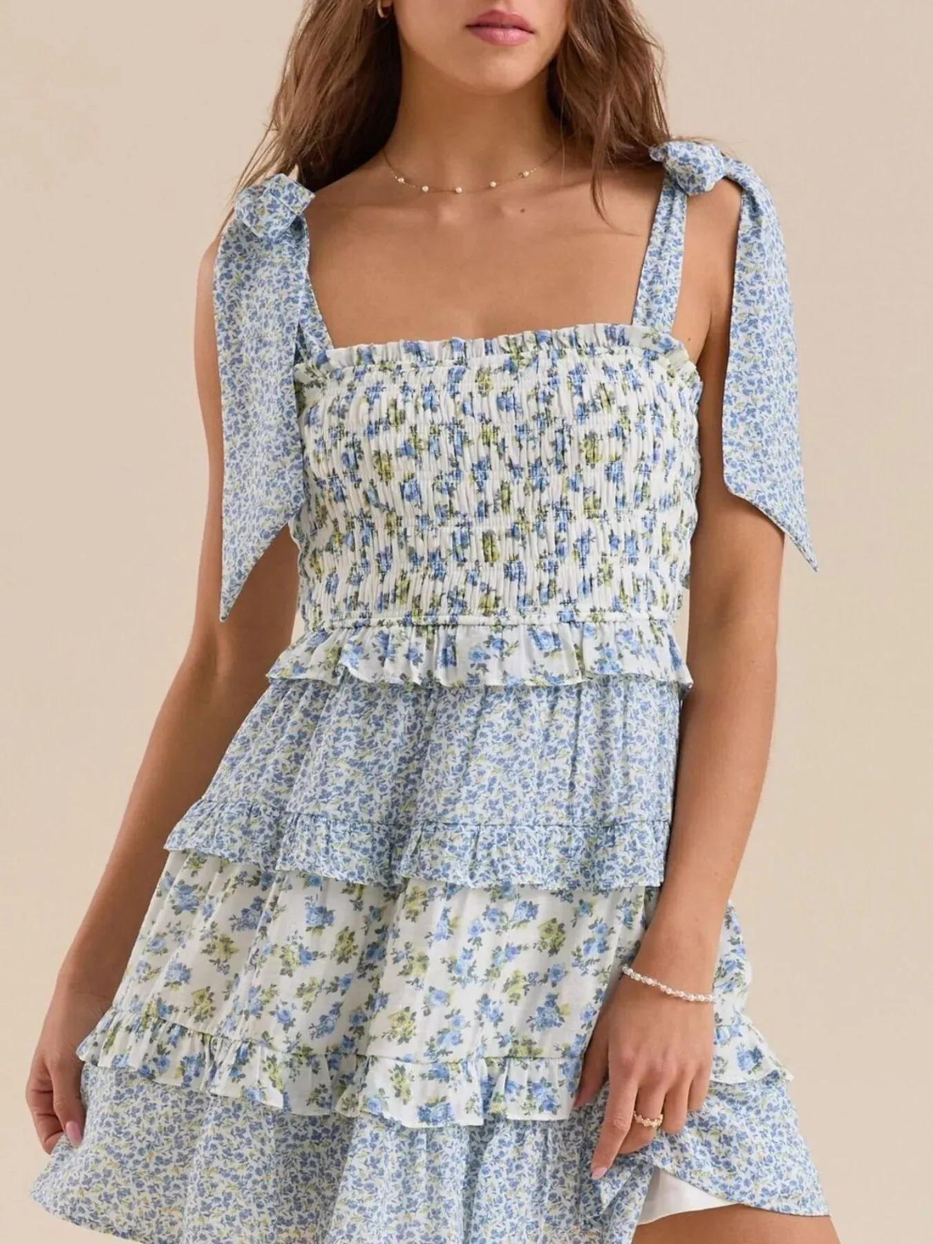 Floral Smocked Tie-Shoulder Summer Dress sold by Charming Charlie