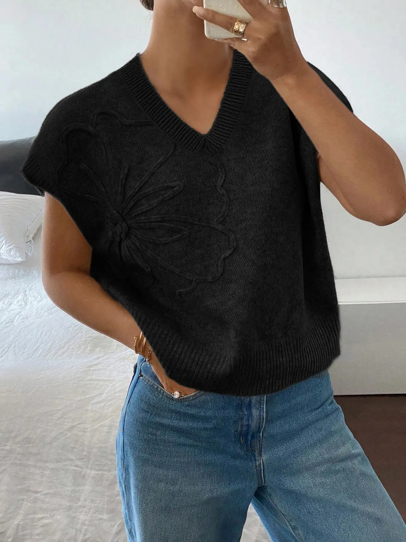 Ribbed Hem V-Neck Short Sleeve Sweater sold by Charming Charlie product image thumbnail 5