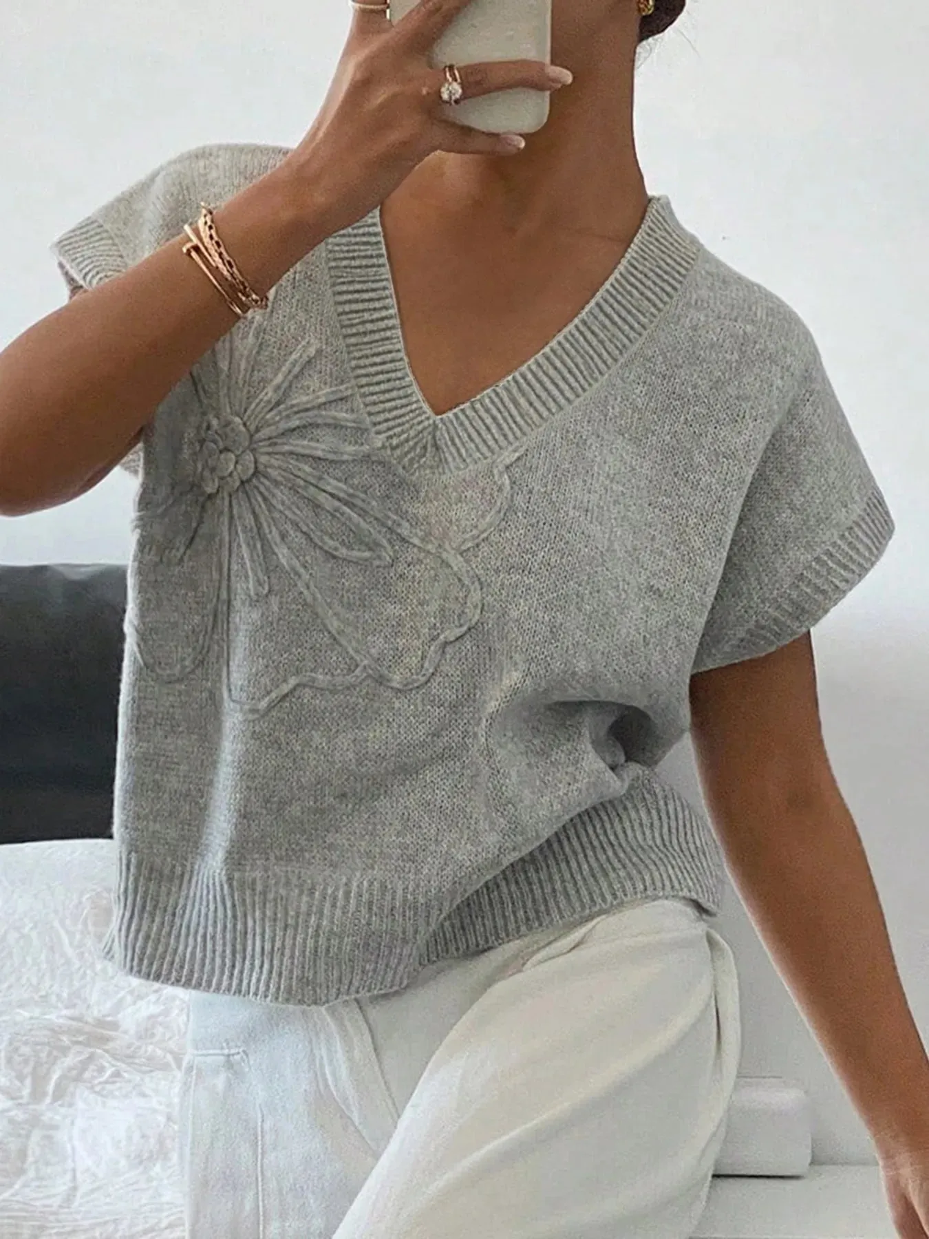 Ribbed Hem V-Neck Short Sleeve Sweater sold by Charming Charlie product image thumbnail 3