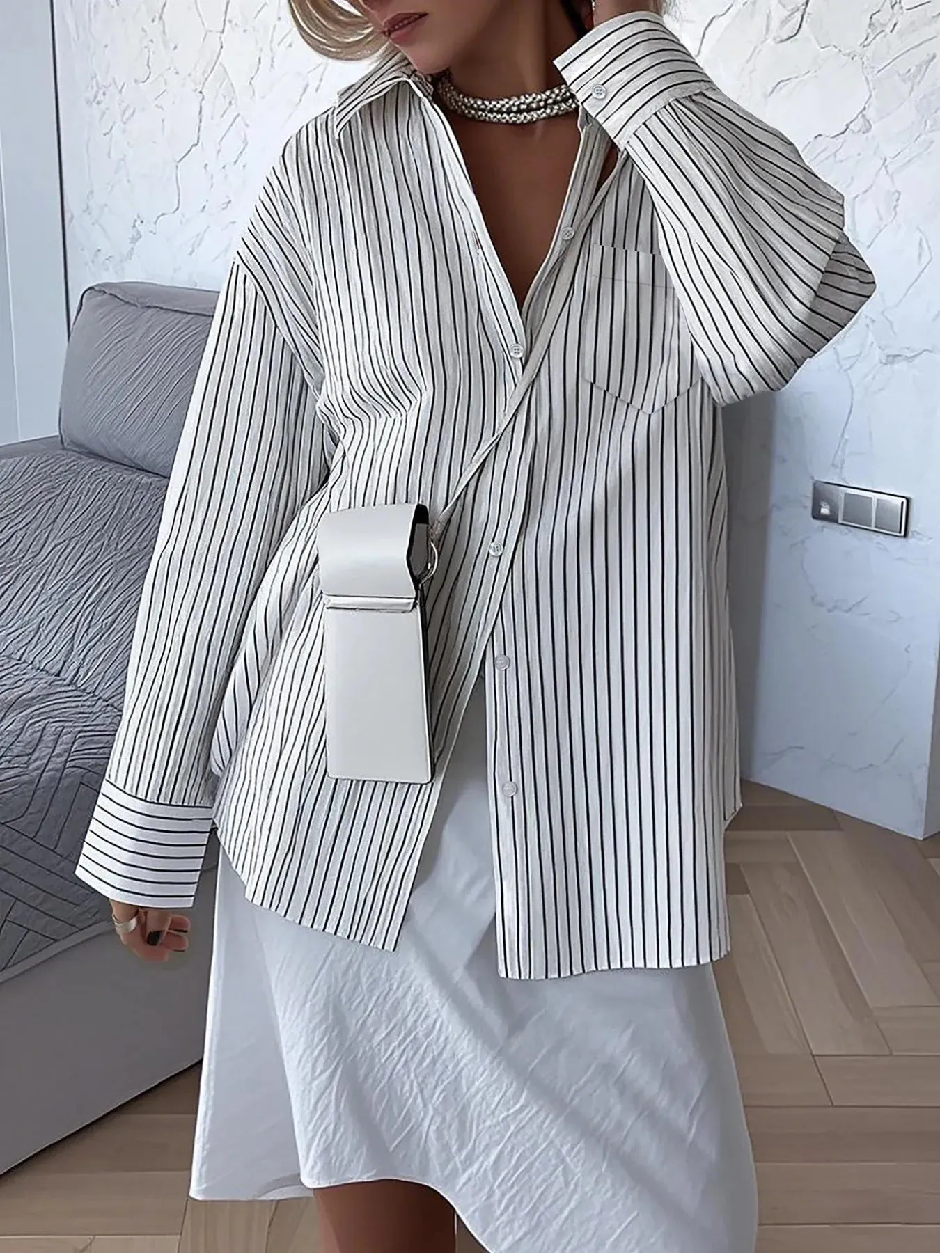 Oversized Striped Button-Down Shirt sold by Charming Charlie product image thumbnail 2