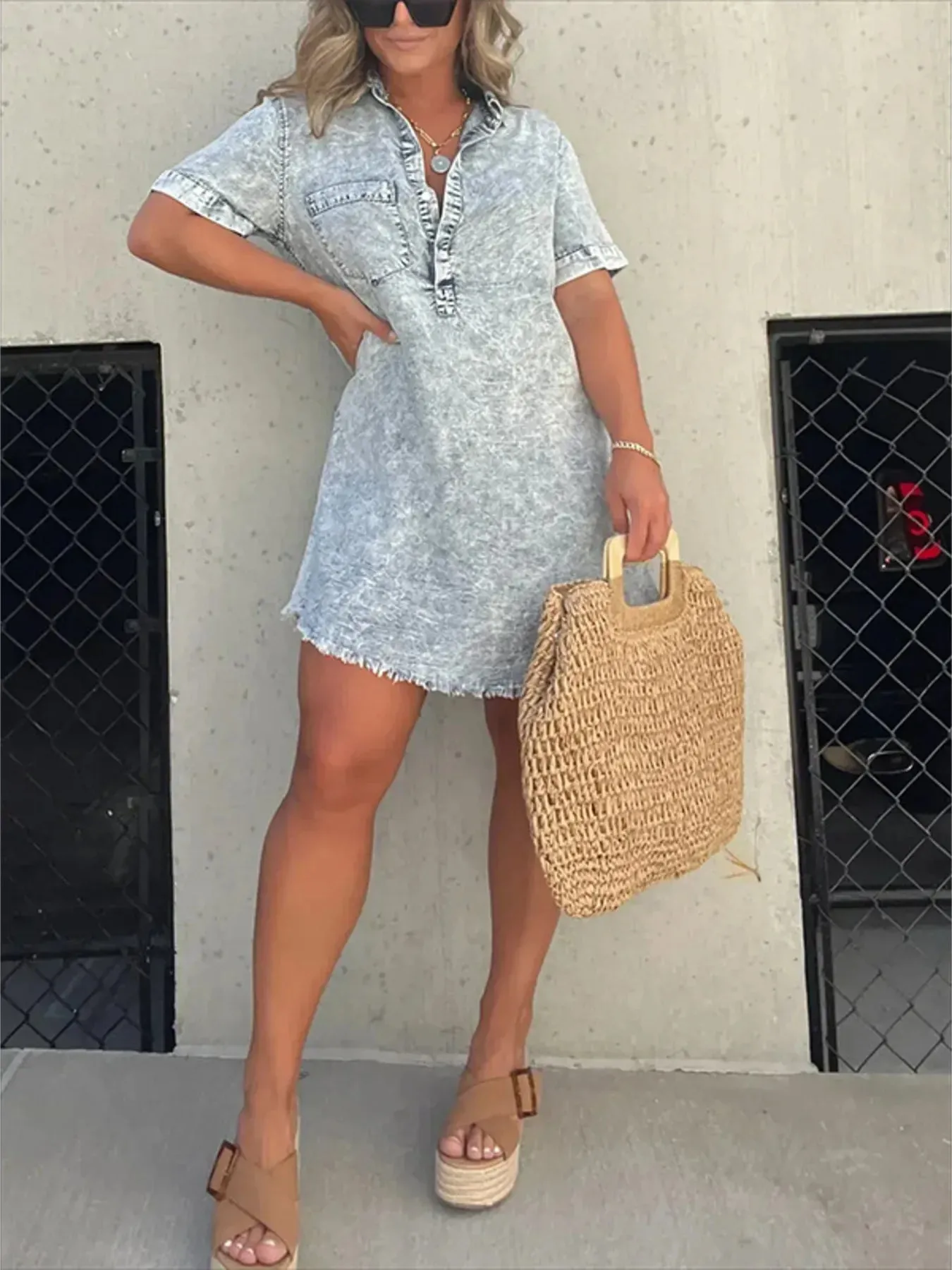 Full Size Raw Hem Short Sleeve Denim Dress Plus Size sold by Charming Charlie product image thumbnail 5