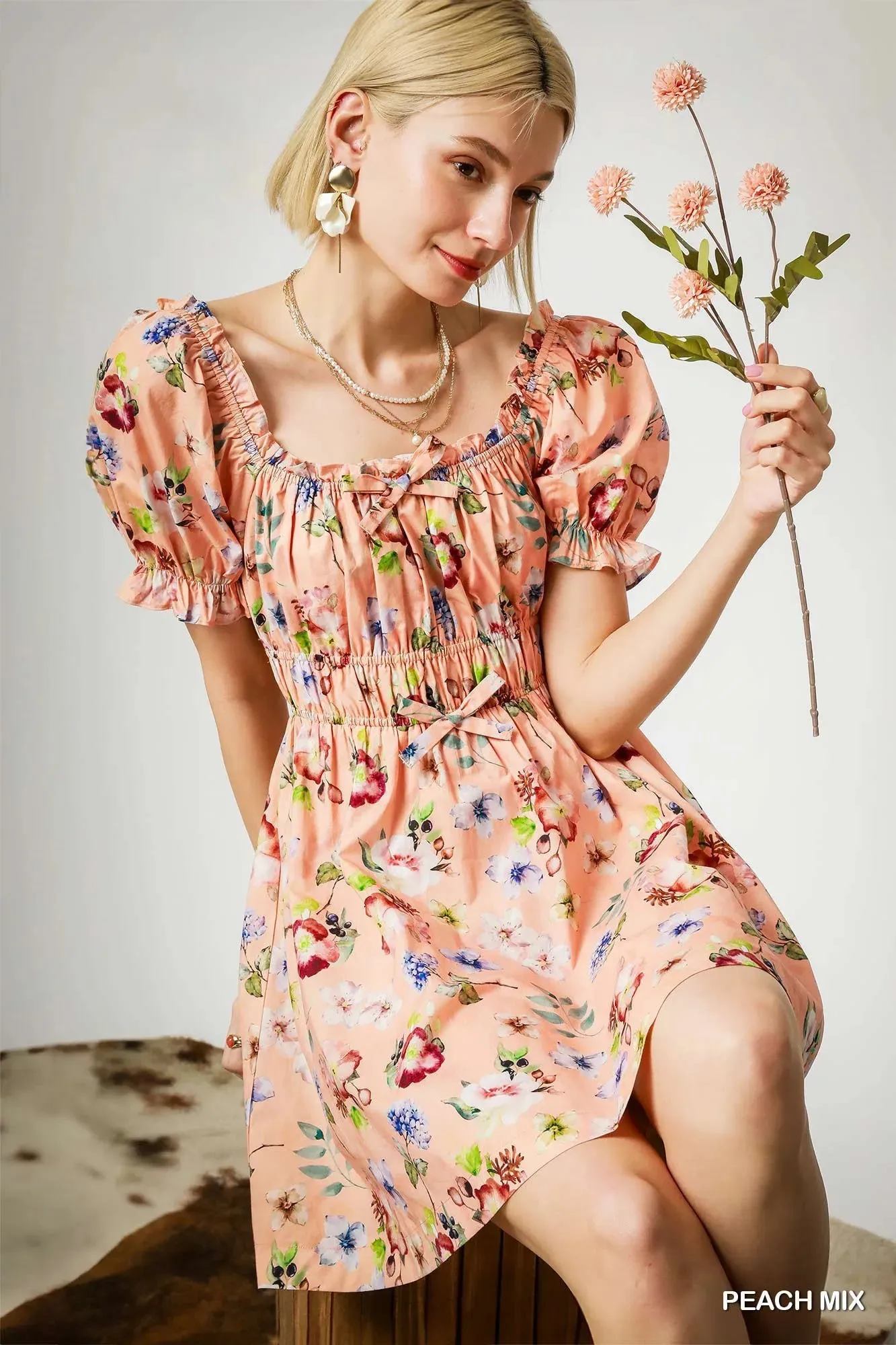 Umgee Floral Print Puff Sleeve Mini Dress sold by Charming Charlie