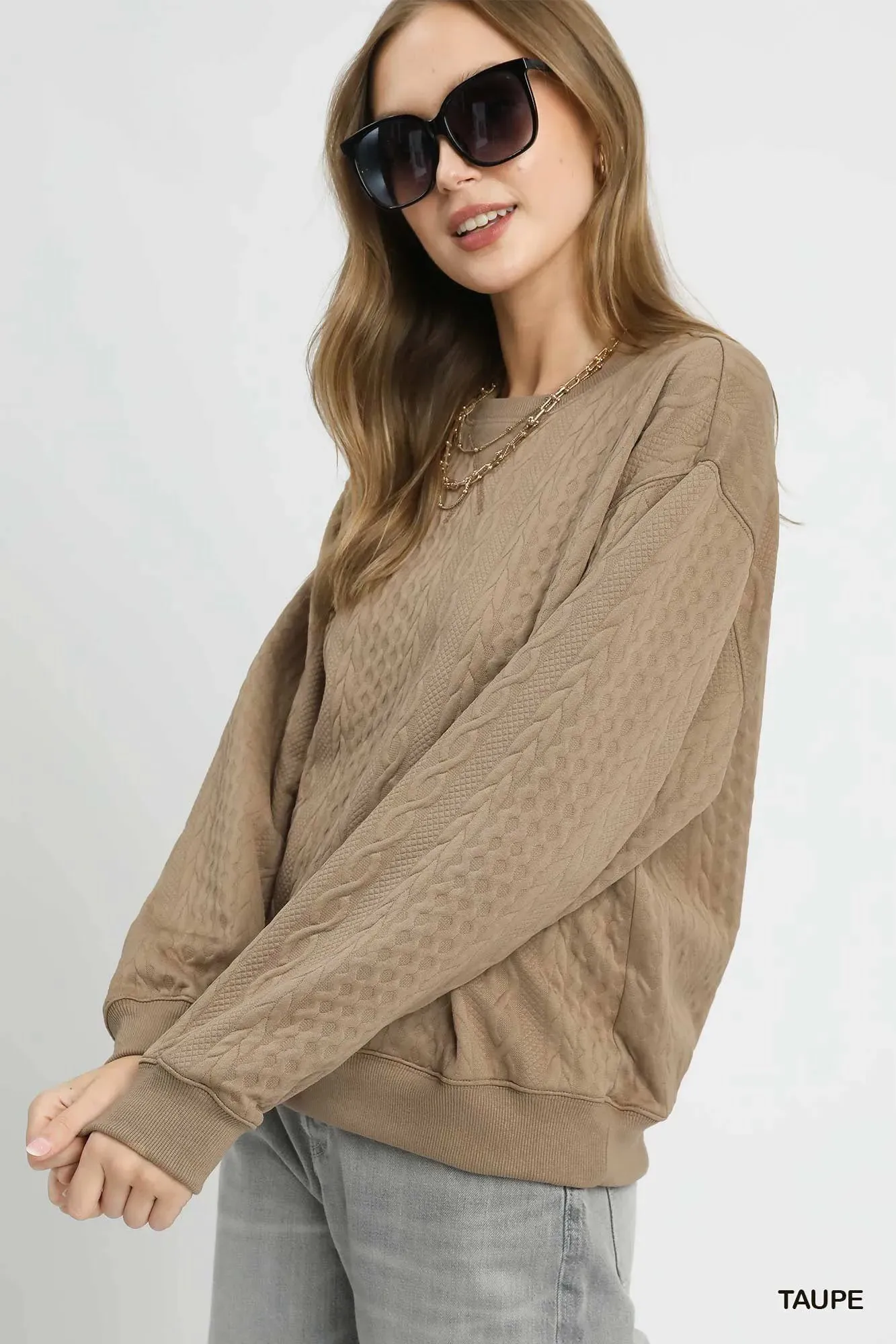 Umgee Cable Texture Pattern Sweatshirt with Ribbed Hem sold by Charming Charlie product image thumbnail 2
