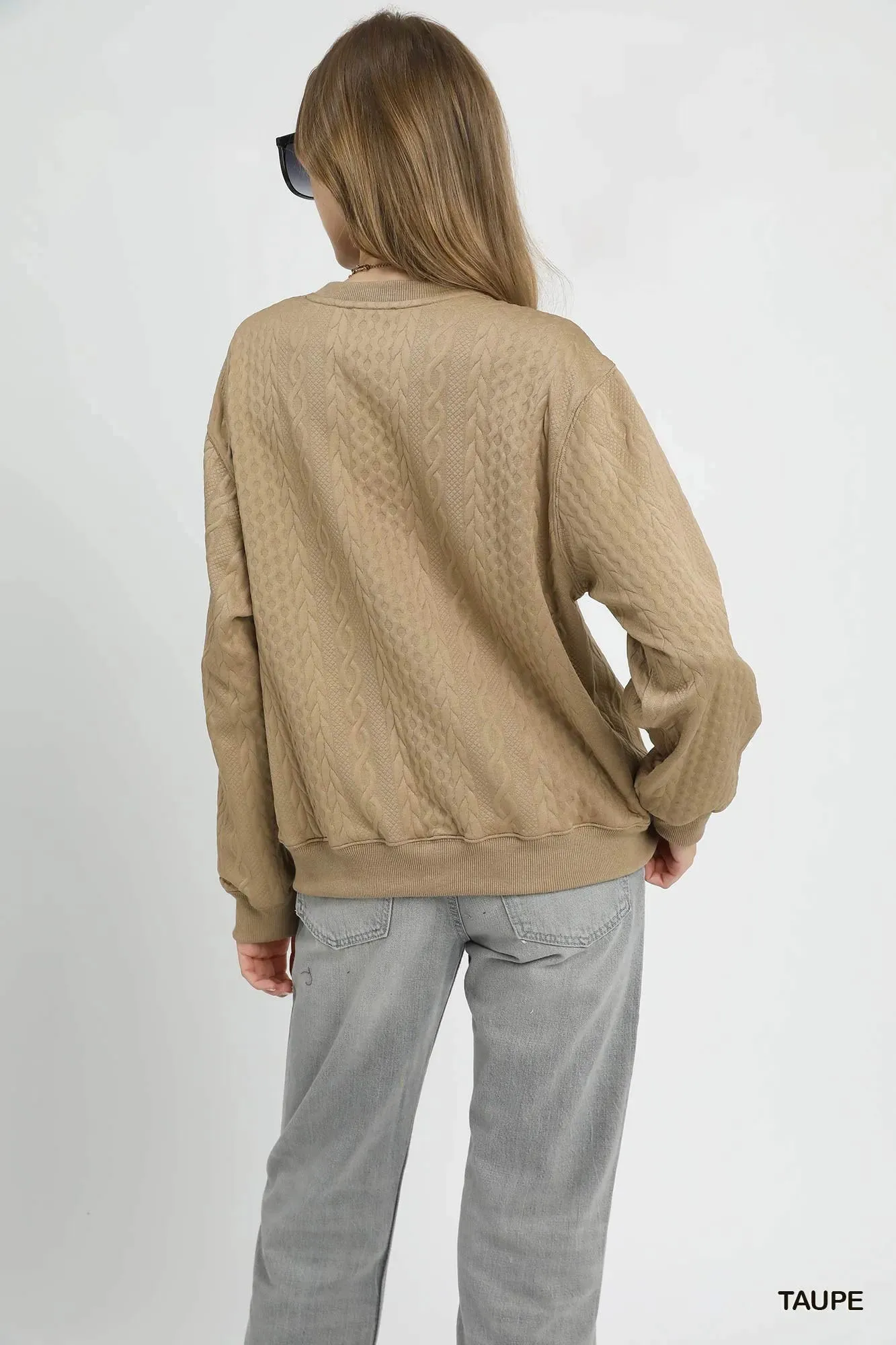 Umgee Cable Texture Pattern Sweatshirt with Ribbed Hem sold by Charming Charlie product image thumbnail 3