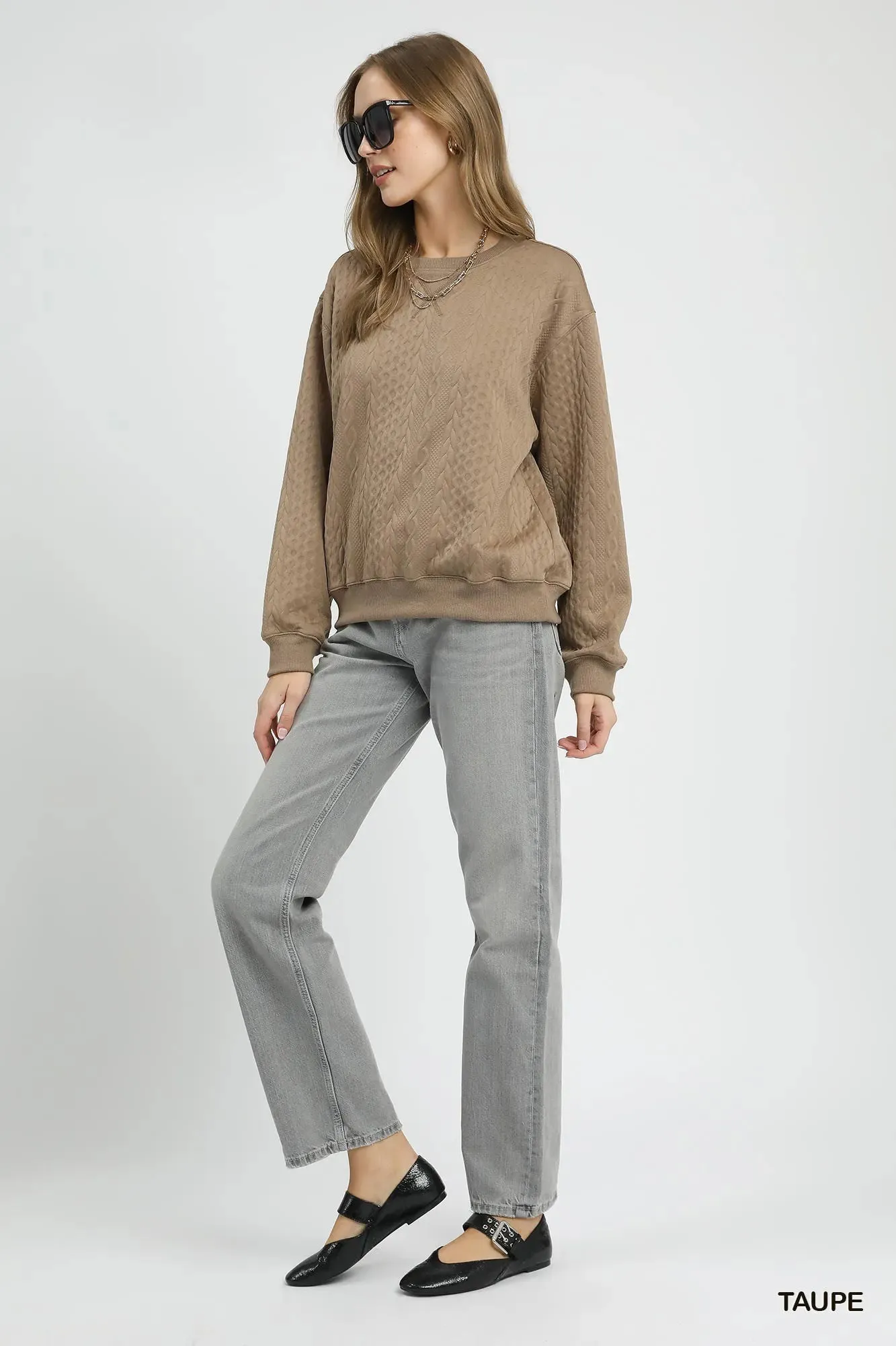Umgee Cable Texture Pattern Sweatshirt with Ribbed Hem sold by Charming Charlie product image thumbnail 4