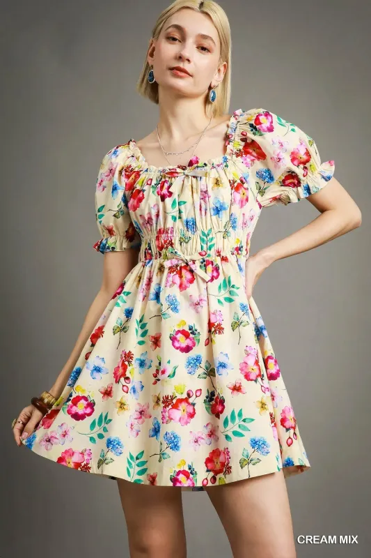 Umgee Floral Print Puff Sleeve Mini Dress sold by Charming Charlie