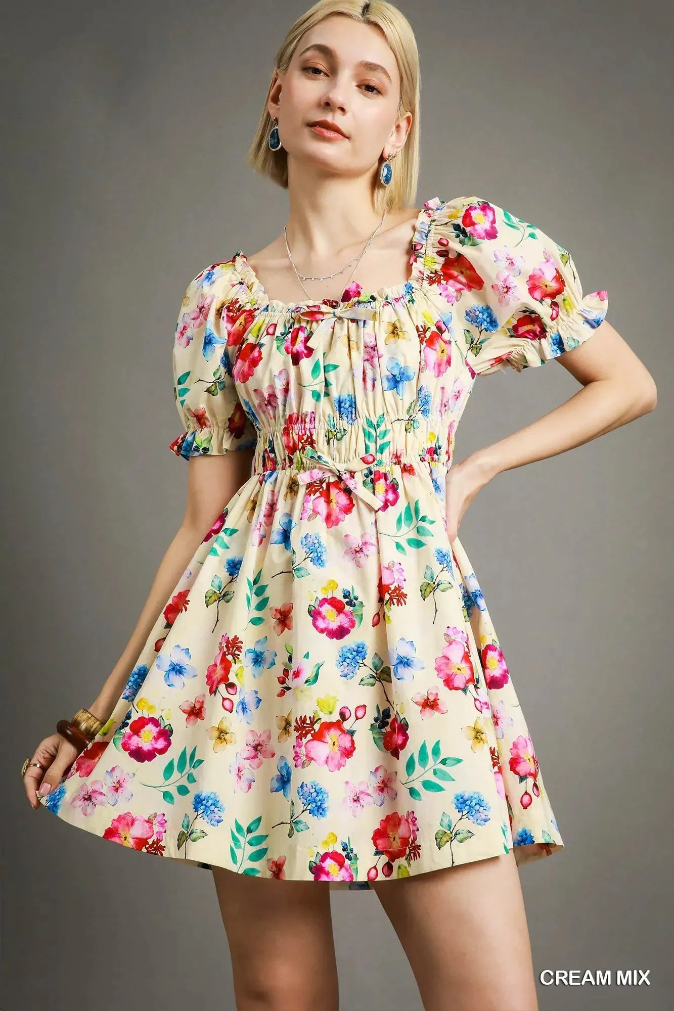 Umgee Floral Print Puff Sleeve Mini Dress sold by Charming Charlie