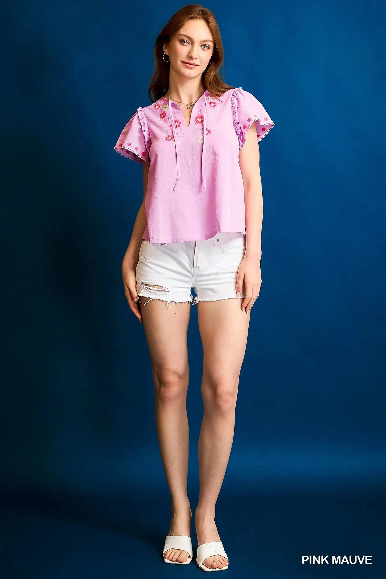 Umgee Floral Embroidered Tie Neck Short Sleeve Blouse sold by Charming Charlie product image thumbnail 2