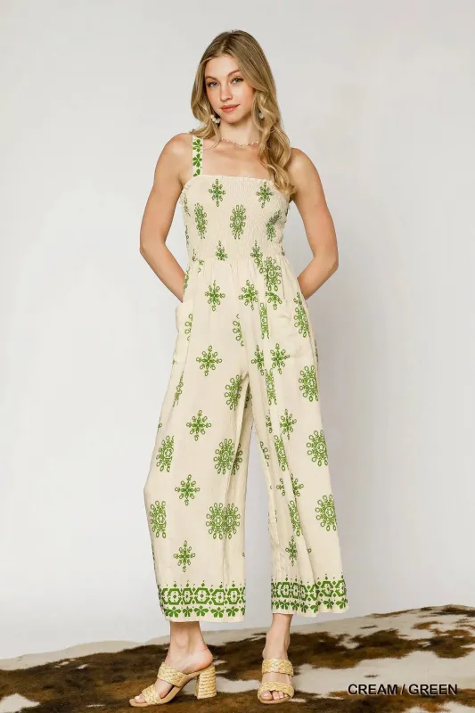 Umgee Smocked Printed Wide Leg Jumpsuit sold by Charming Charlie