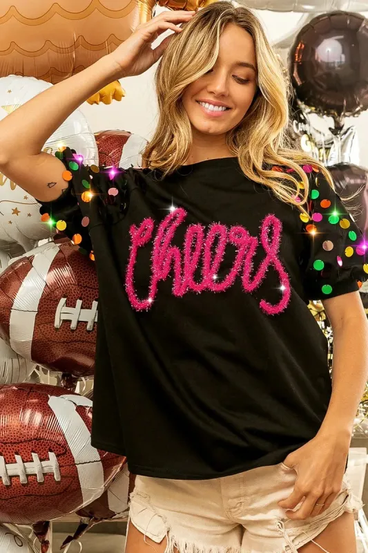 BiBi Metallic Letter Spangle Raglan Puff Sleeve Top sold by Charming Charlie