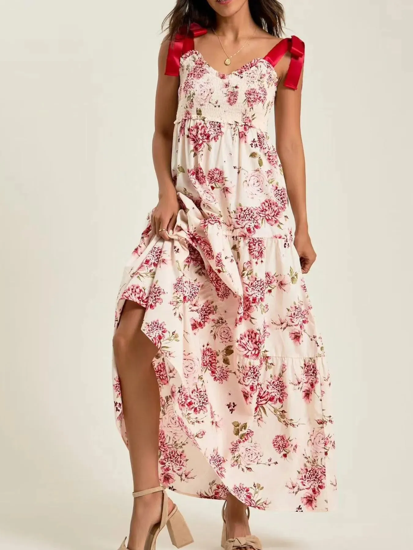 Smocked Tie Shoulder Printed Maxi Dress sold by Charming Charlie product image thumbnail 4