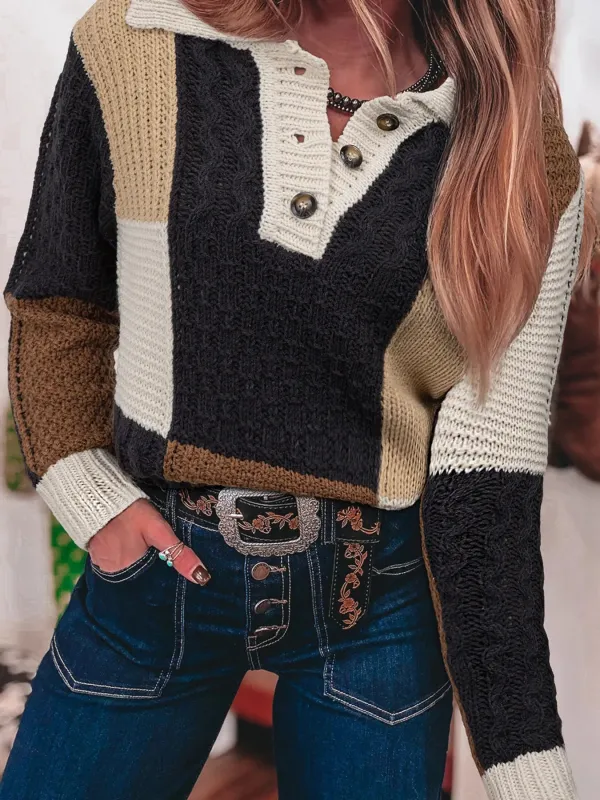 Multicolour Color Block Cable Knit Sleeve Buttons Collared Sweater sold by Charming Charlie