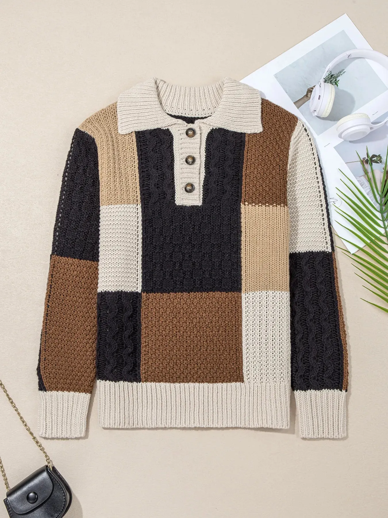 Multicolour Color Block Cable Knit Sleeve Buttons Collared Sweater sold by Charming Charlie product image thumbnail 3