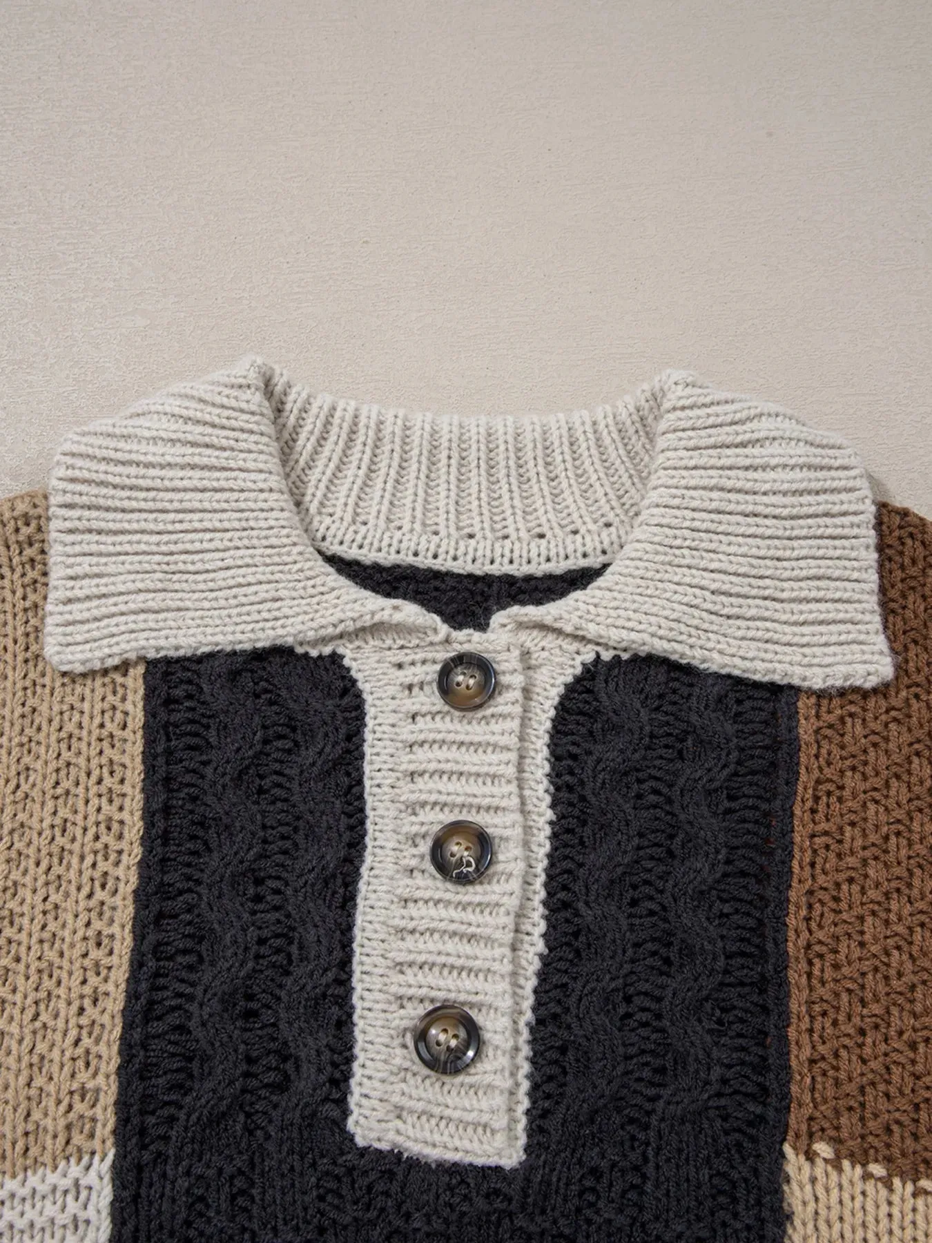 Multicolour Color Block Cable Knit Sleeve Buttons Collared Sweater sold by Charming Charlie product image thumbnail 5