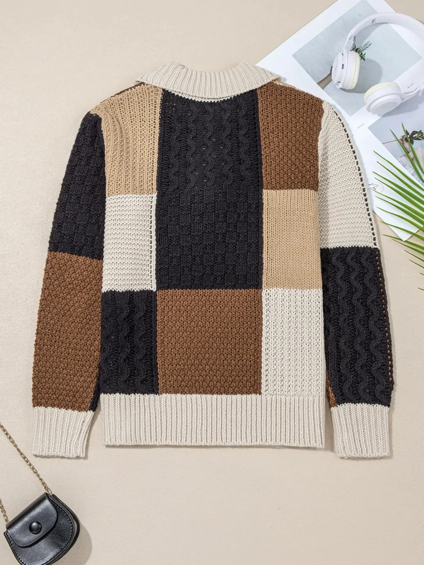 Multicolour Color Block Cable Knit Sleeve Buttons Collared Sweater sold by Charming Charlie product image thumbnail 4