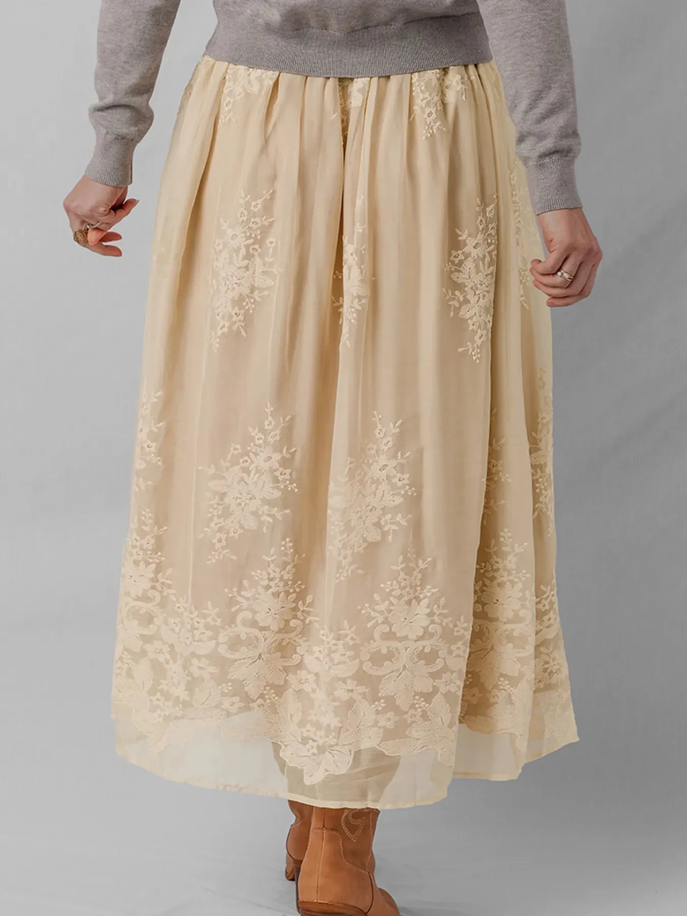 Embroidered Mesh Overlay Flowy Midi Skirt sold by Charming Charlie product image thumbnail 4