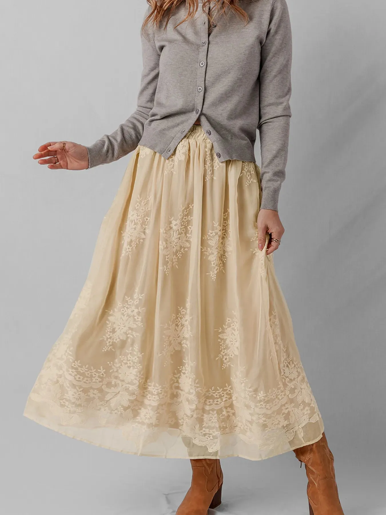 Embroidered Mesh Overlay Flowy Midi Skirt sold by Charming Charlie