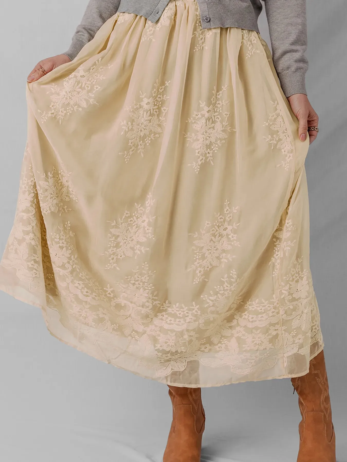 Embroidered Mesh Overlay Flowy Midi Skirt sold by Charming Charlie product image thumbnail 3