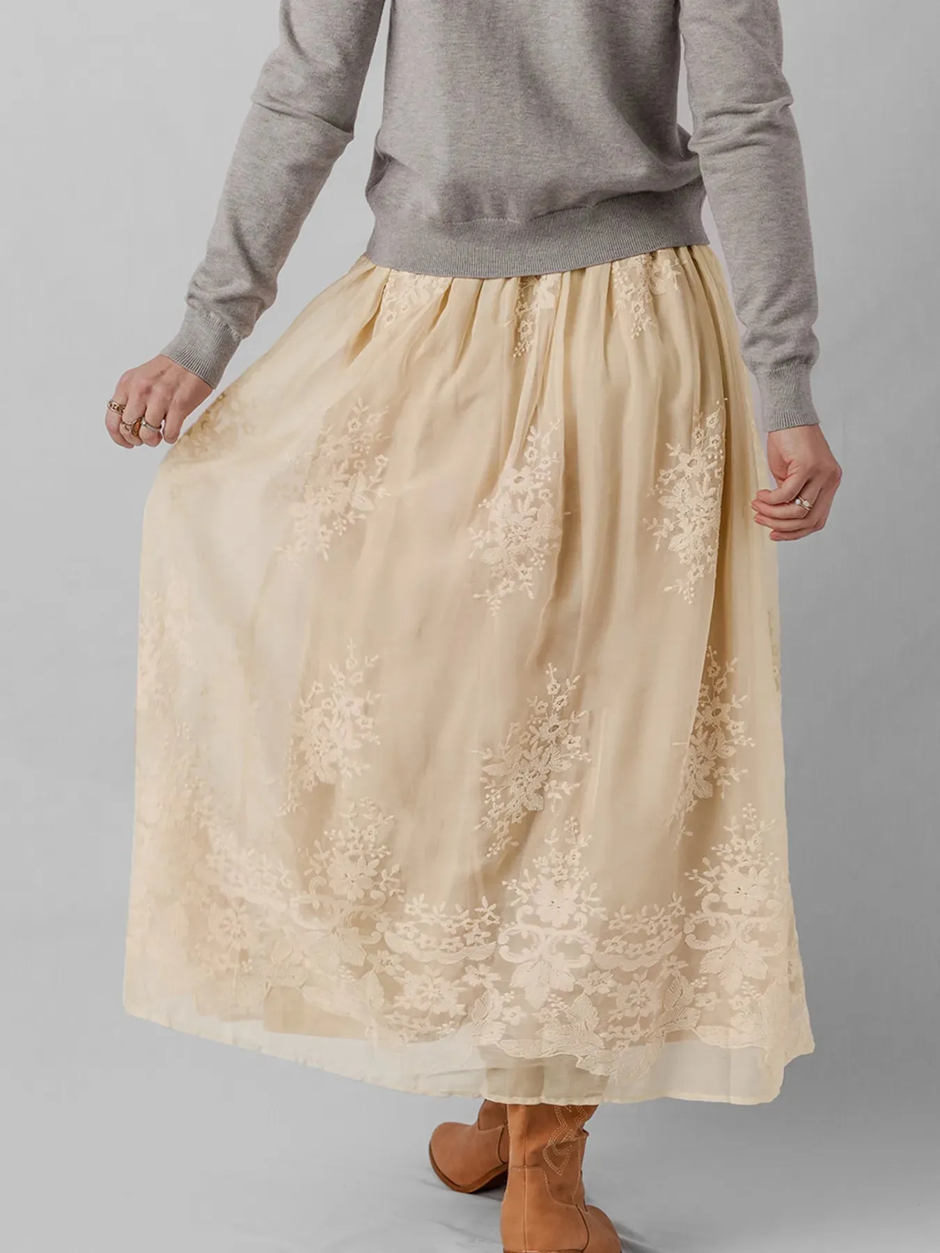 Embroidered Mesh Overlay Flowy Midi Skirt sold by Charming Charlie product image thumbnail 5